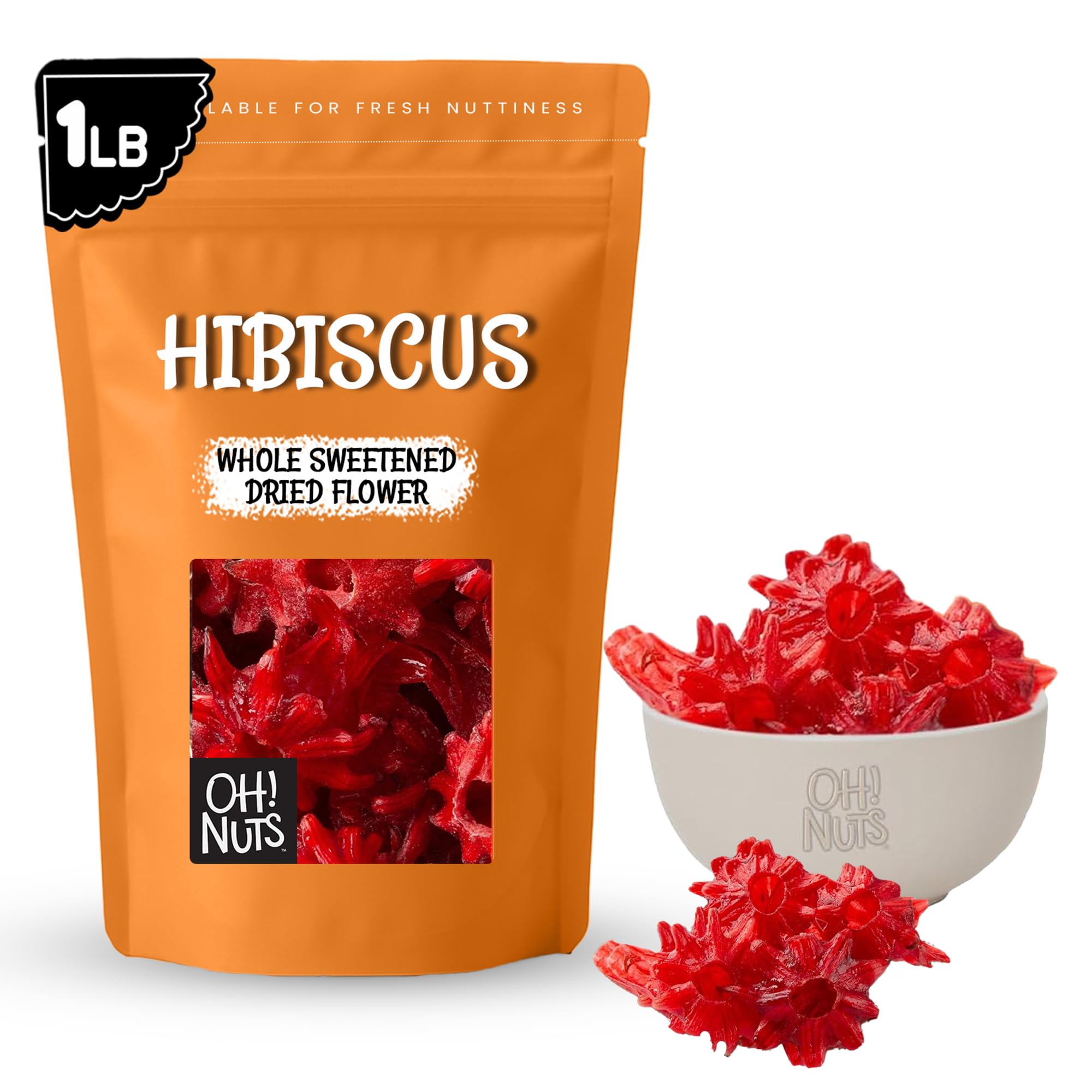 Oh! Nuts Dried Hibiscus Flowers - 1 lb - Dried Fruit - Whole Sweetened Dried Flowers - Dehydrated Fruit Bites - Packed in New York Zip-Seal Bag for
