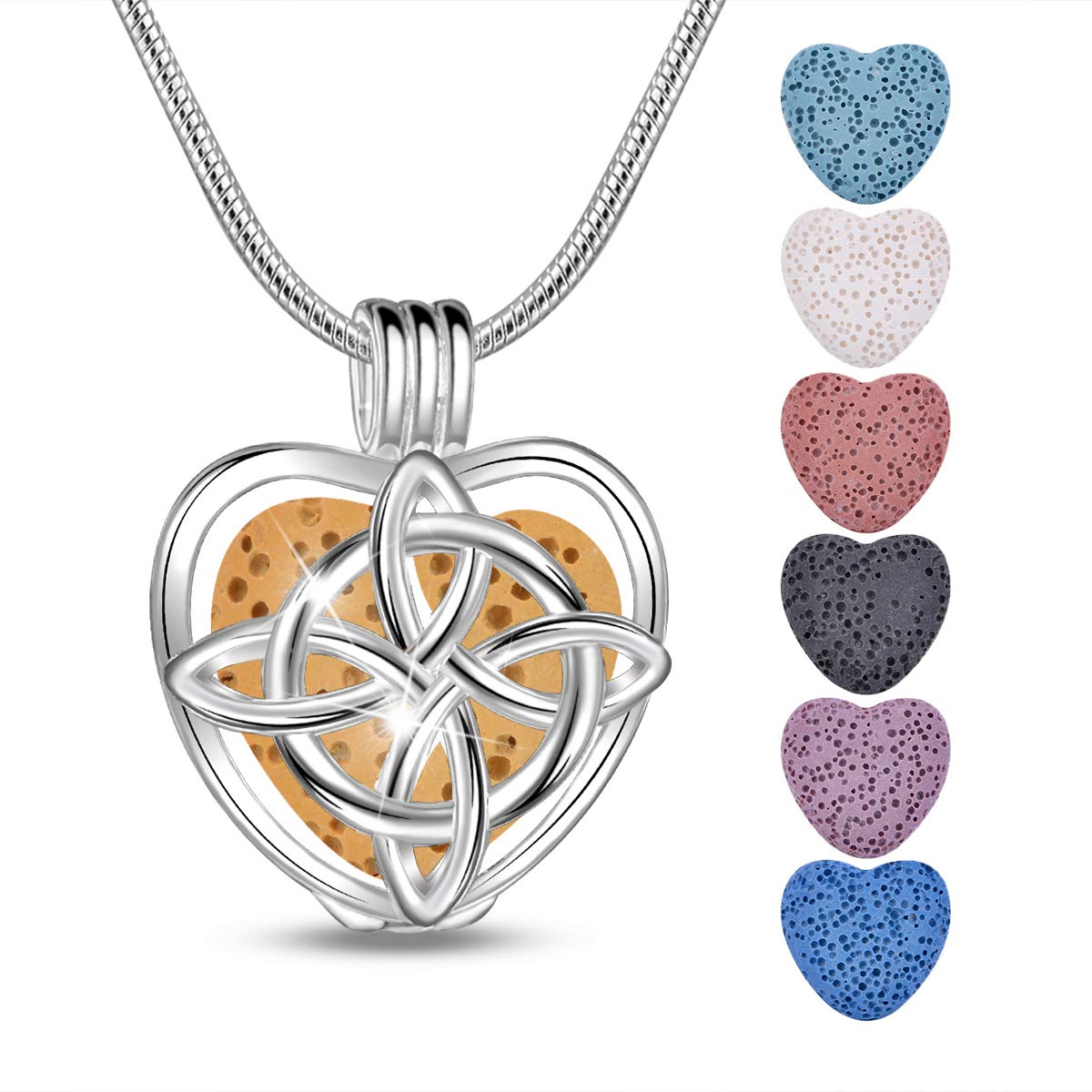 INFUSEU Heart Essential Oil Diffuser Necklaces Lava Stone Aromatherapy Jewelry for Women, 7 Pcs Lava Rocks, 24 Inch Chain 18mm silver