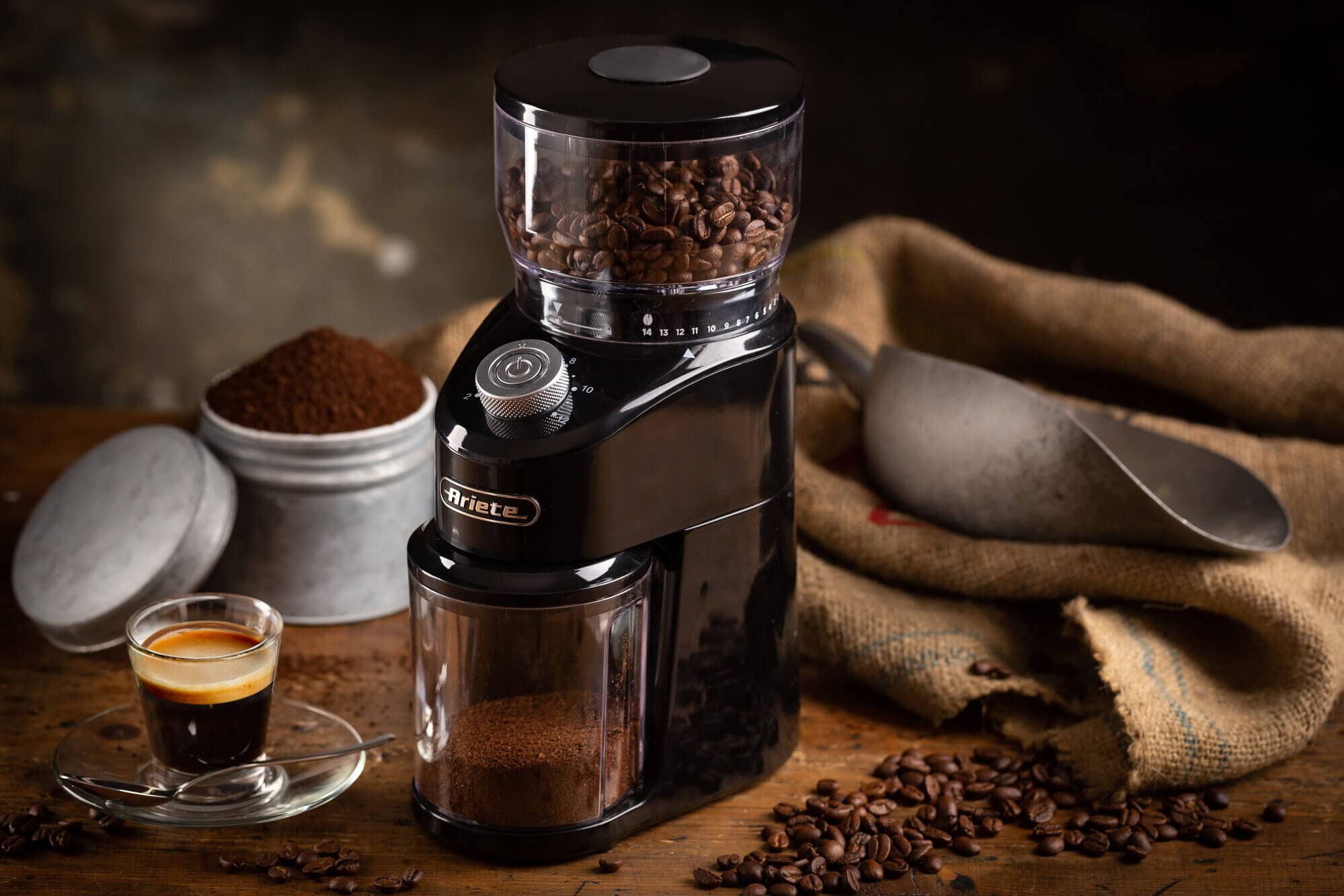 Ariete 3023 Moulin à café 3023, Moulin à café avec meules coniques en acier inoxydable, 200 W, 14 niveaux de broyage, Capacité du réservoir 200 g, 2 à 12 tasses, Noir