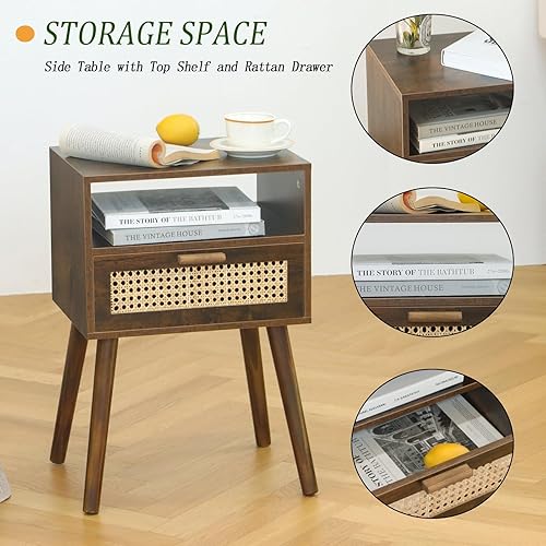 Miniatura 5 de MaxSmeo Mesita de noche pequeña con estación de carga, mesa auxiliar de ratán moderna de mediados de siglo para dormitorio, sala de estar y espacios