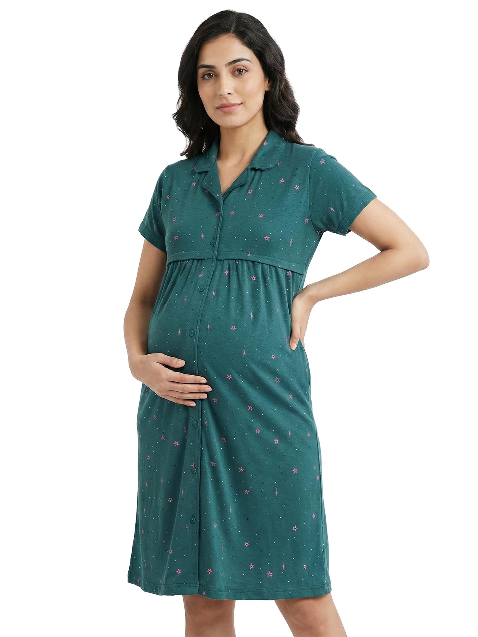 Maternity Dress for Women's Polka Dot & Star Printed Feeding Short Nighty Night Gown Shirt 1185-image-37
