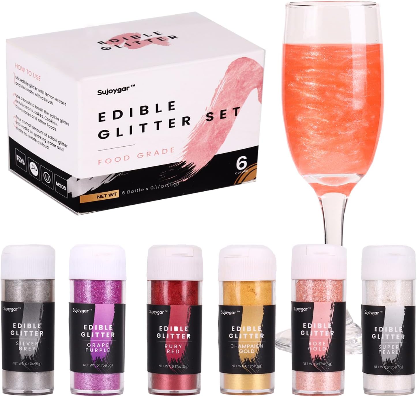 Edible Glitter Set 6 Colors, Shimmer Edible Glitter for Drinks, Food Grade 5g/bottle , Cocktail, Baking, Strawberries, Chocolates, Cupcakes