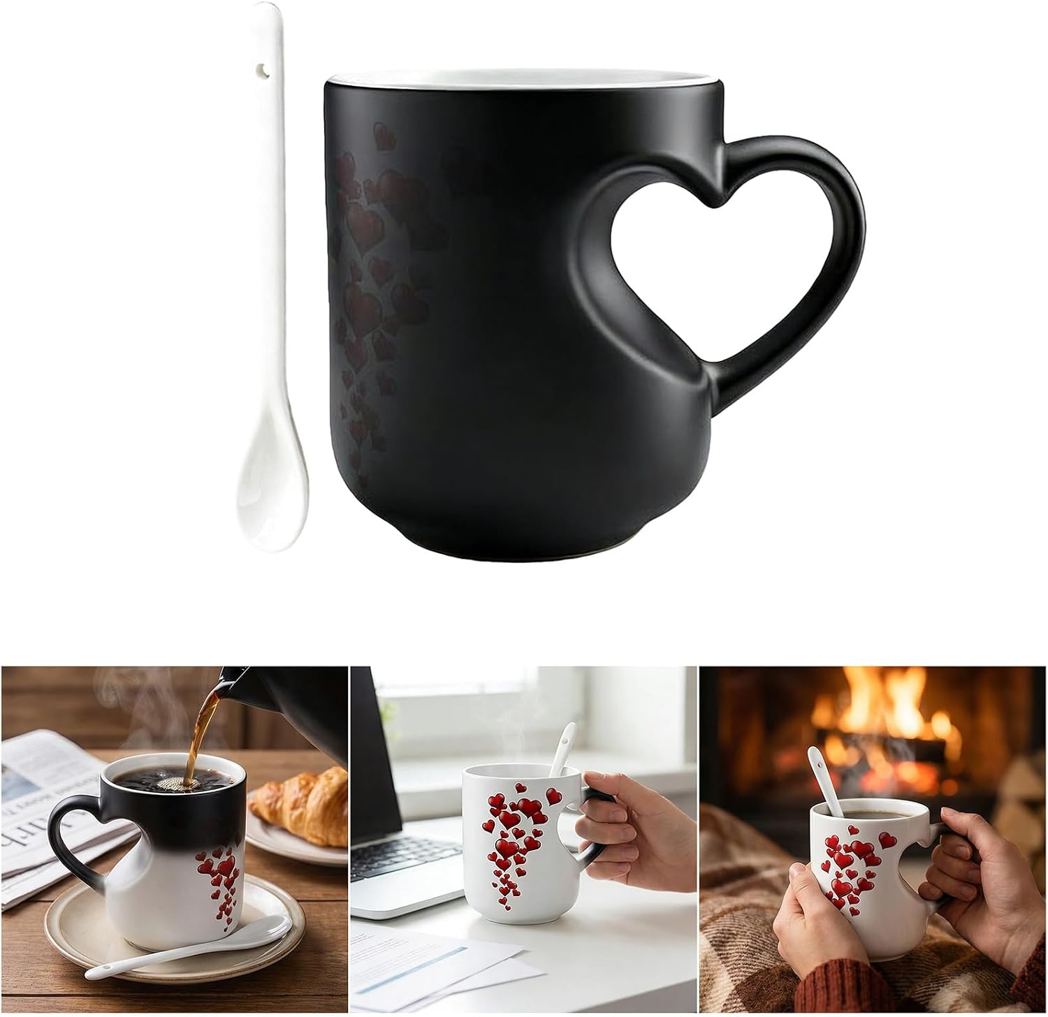 350ML Heart Pattern Ceramic Coffee Cup and Spoon Set Shows Magical Pattern When Filling with Hot Beverage Home Kitchens Cookware