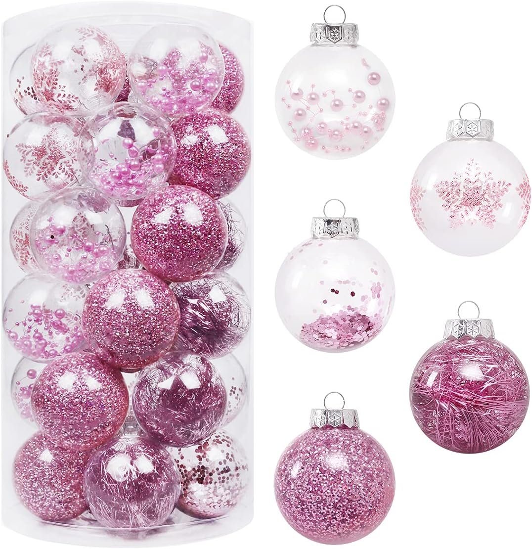 70MM/2.76" Christmas Ornaments Set, 30PCS Shatterproof Decorative Hanging Ball Ornament with Stuffed Delicate Decorations, Clear Rustic Xmas Tree Balls for Holiday Party Thankgivings - Pink.
