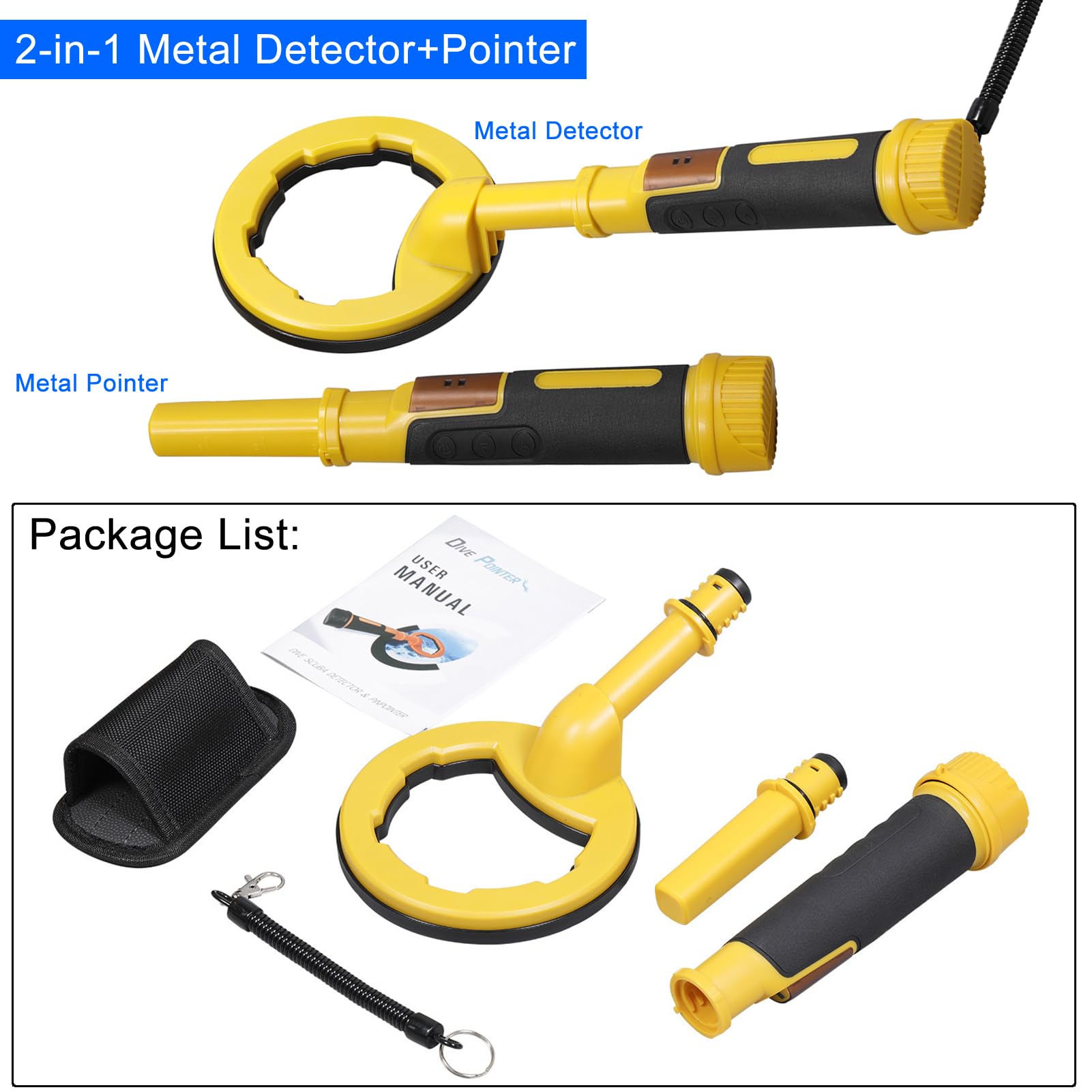 Uadme Metaaldetector, IP68 Waterdichte Onderwater Metaaldetector Pinpointer Handheld Duiken Schatzoeker, 2 In 1 Pinpointer Volledige Waterdichte Metaaldetector