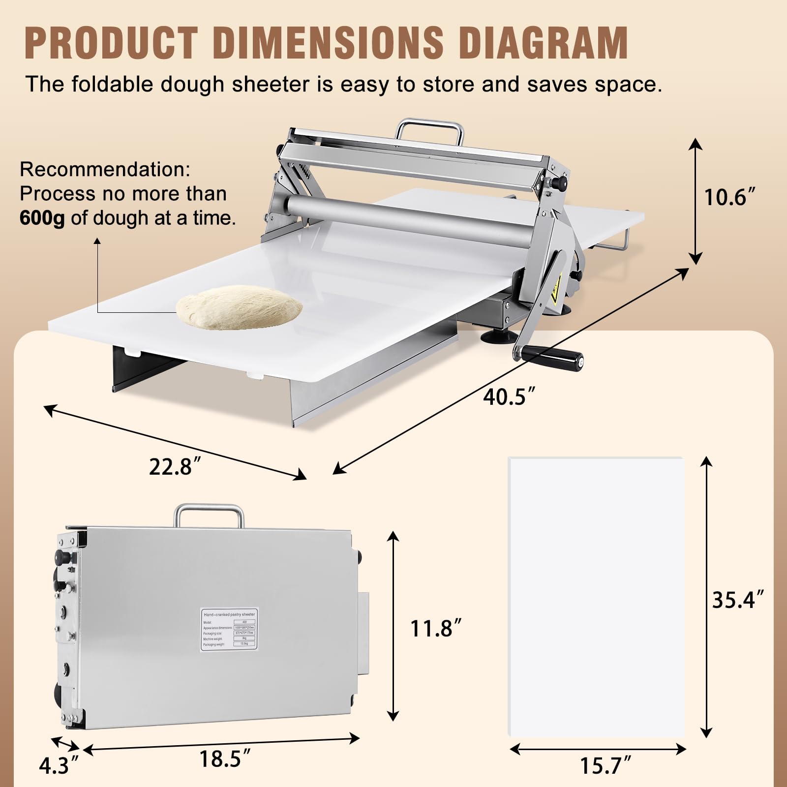 YUCHENGTECH Sfogliatrice Pasticceria Manuale Pieghevole 40cm | Sfogliatrice Manuale in Acciaio Inossidabile,Spessore Regolabile da 2,5 a 25 mm per Croissant Pasta Sfoglia Pizza