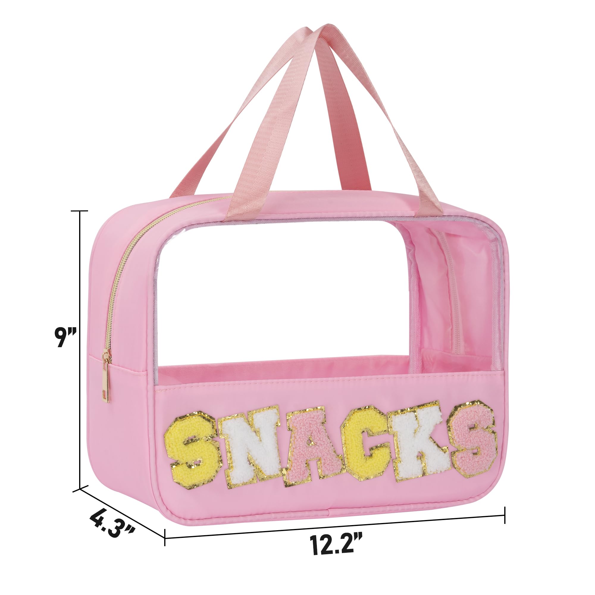 WELIDAY Chenille Letter Snacks Bag Zipper Pouch TPU&Nylon Clear Cosmetic Bag with Handle Toiletry Bags Travel Makeup Bag Multi-purpose Clear Pouches For Women (SNACKS, Pink)