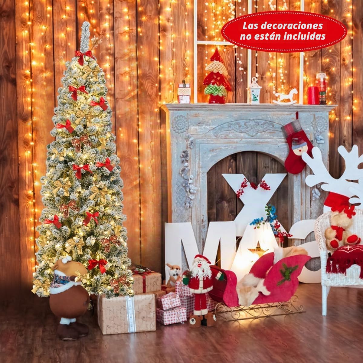 GOPLUS 135/180/225 cm Árbol de Navidad Artificial con Luces LED & Nieve & Soporte de Metal Plegable, Decoración Navideña de Árbol Nevado Esbelto y Flocado (180 cm)
