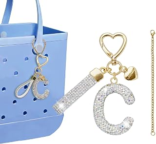Initial Keychain for Women Cute - White Letters Charms for Bogg Bag Handbags, Bling Car Key Accessories, Personalized Gifts