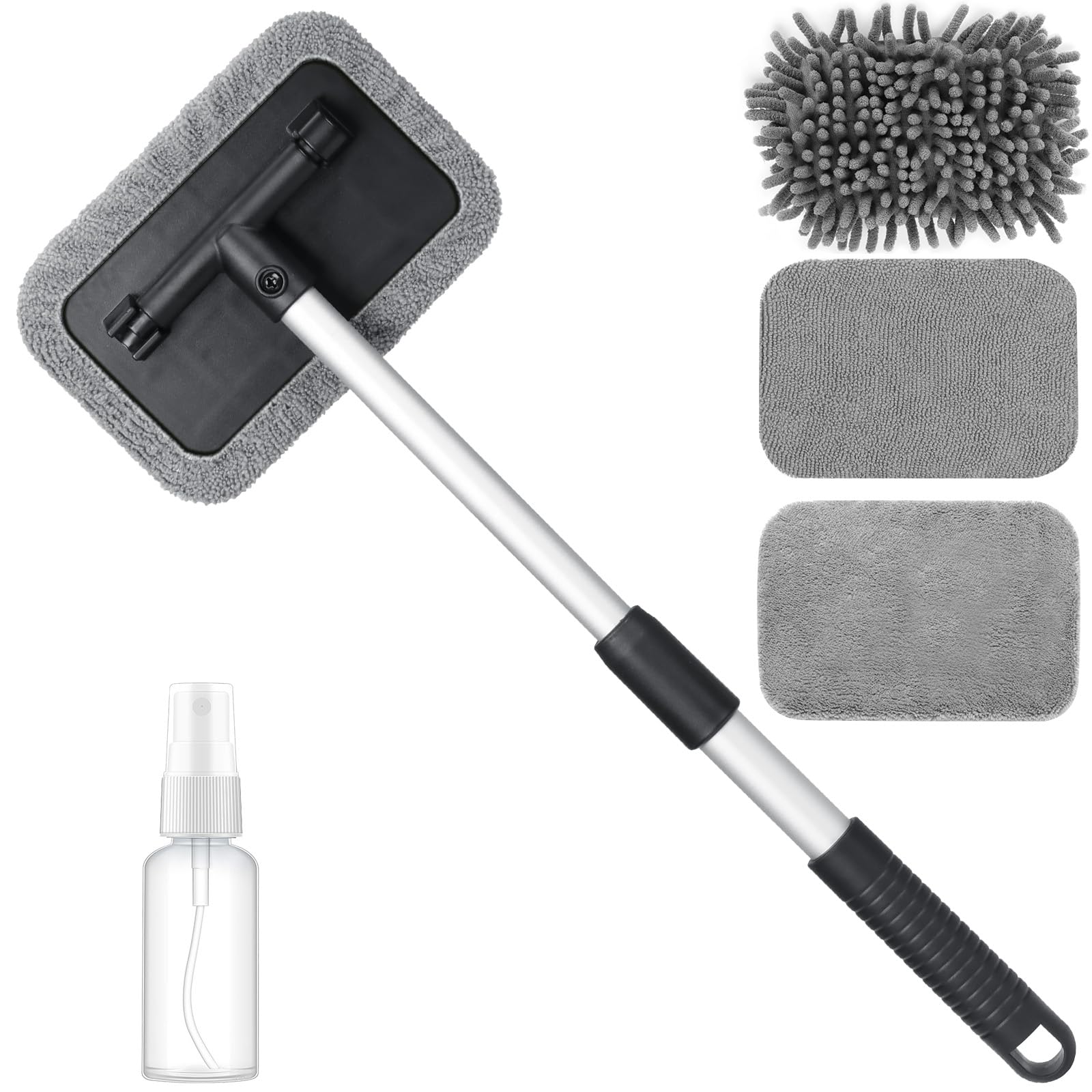 AiQInu Car Window Cleaning Brush, with 3 Reusable Microfibre Pads Car Cleaning Kit, Retractable Windscreen Cleaner for Interior Car Windows, 180° Swivel Handle