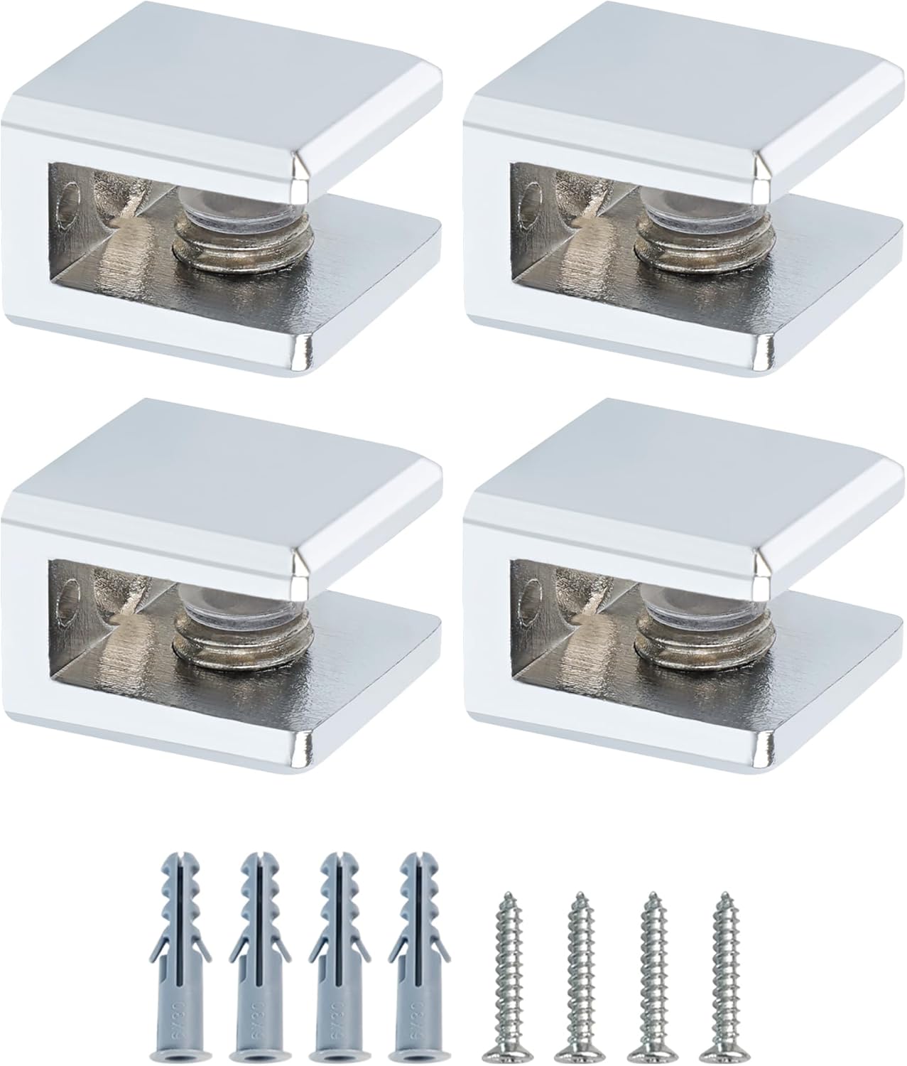 Mooche 4Pcs Glass Shelf Brackets Adjustable, Heavy Duty Wall Mount Clamp Holder for Wood Glass Shelves, Polished Chrome Zinc Alloy (for 3-6mm Shelves)