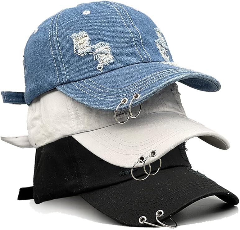 Ripped Distressed Denim Ring Baseball Cap Hip Hop Vintage Dad Hat Adjustable
