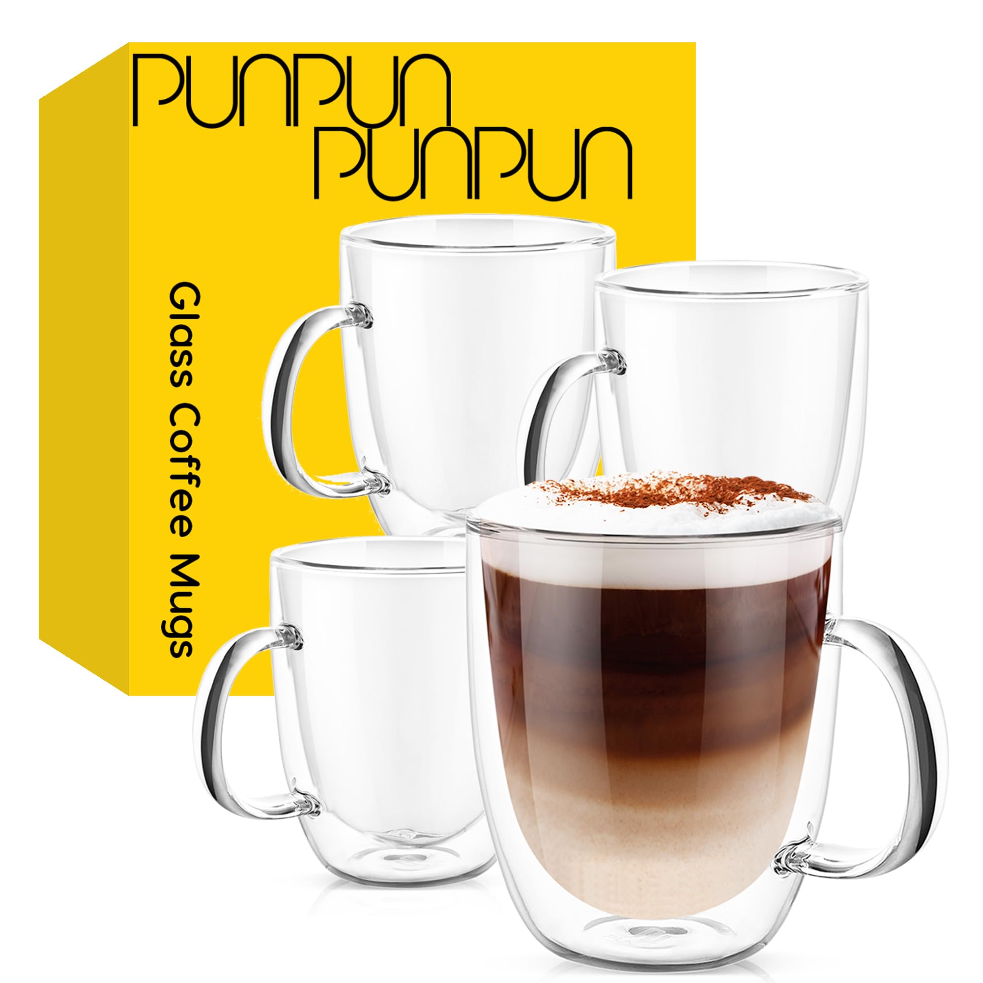 PunPun 17OZ. 500ml Clear Coffee Mugs, Glass for Coffee, Double Wall Insulated Glass Mugs with Big Handle, Every Day for Americano, Latte, Cappuccinos and Beverage.Set of 4