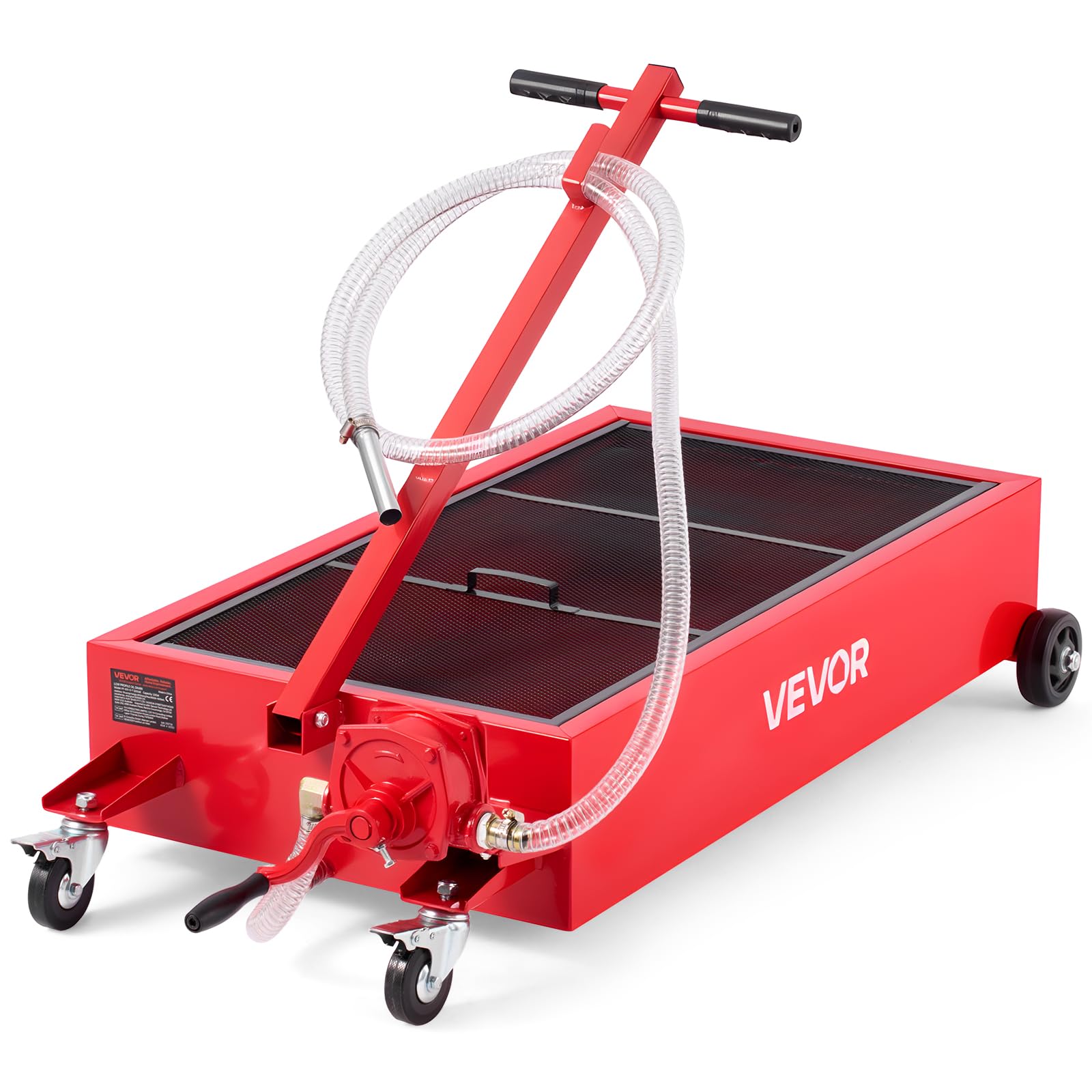 VEVOR Bandeja de Drenaje de Aceite de Perfil Bajo, Capacidad 75,7 L, con Ruedas y Bomba Manual, Manguera de 2,2 m y Asa Plegable en T, Resistente a la Corrosión, para Coches, SUV, Camiones, Rojo