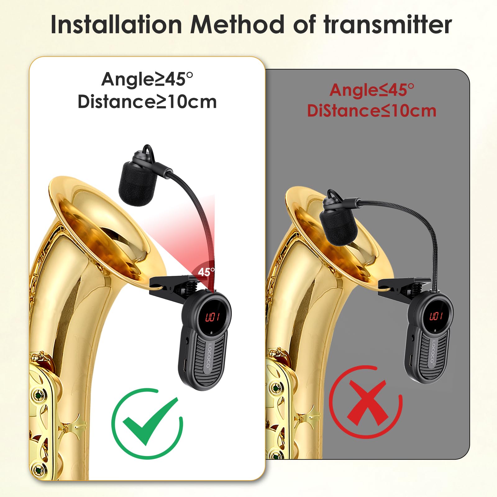 Microphone sans fil UHF pour saxophone, récepteur et émetteur sans fil, portée de 48,8 m, Plug and Play, idéal pour trompettes, clarinette, violoncelle