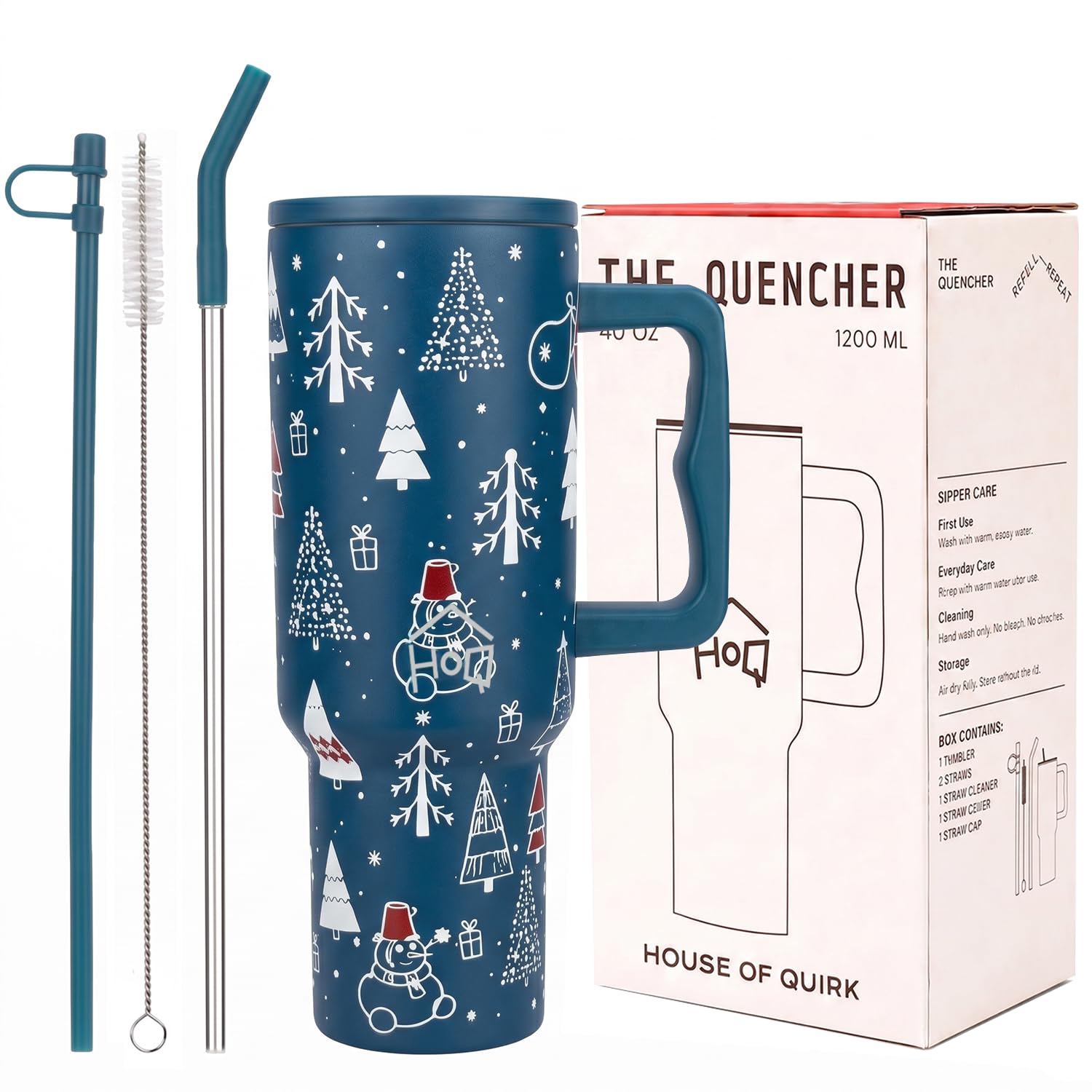 House of Quirk 1200ML Stainless Steel Tumbler with Handle & Lid, 2 Straws – Large Travel Mug Water Cup for Gym, Office & Outdoor Use (Merry Blue)