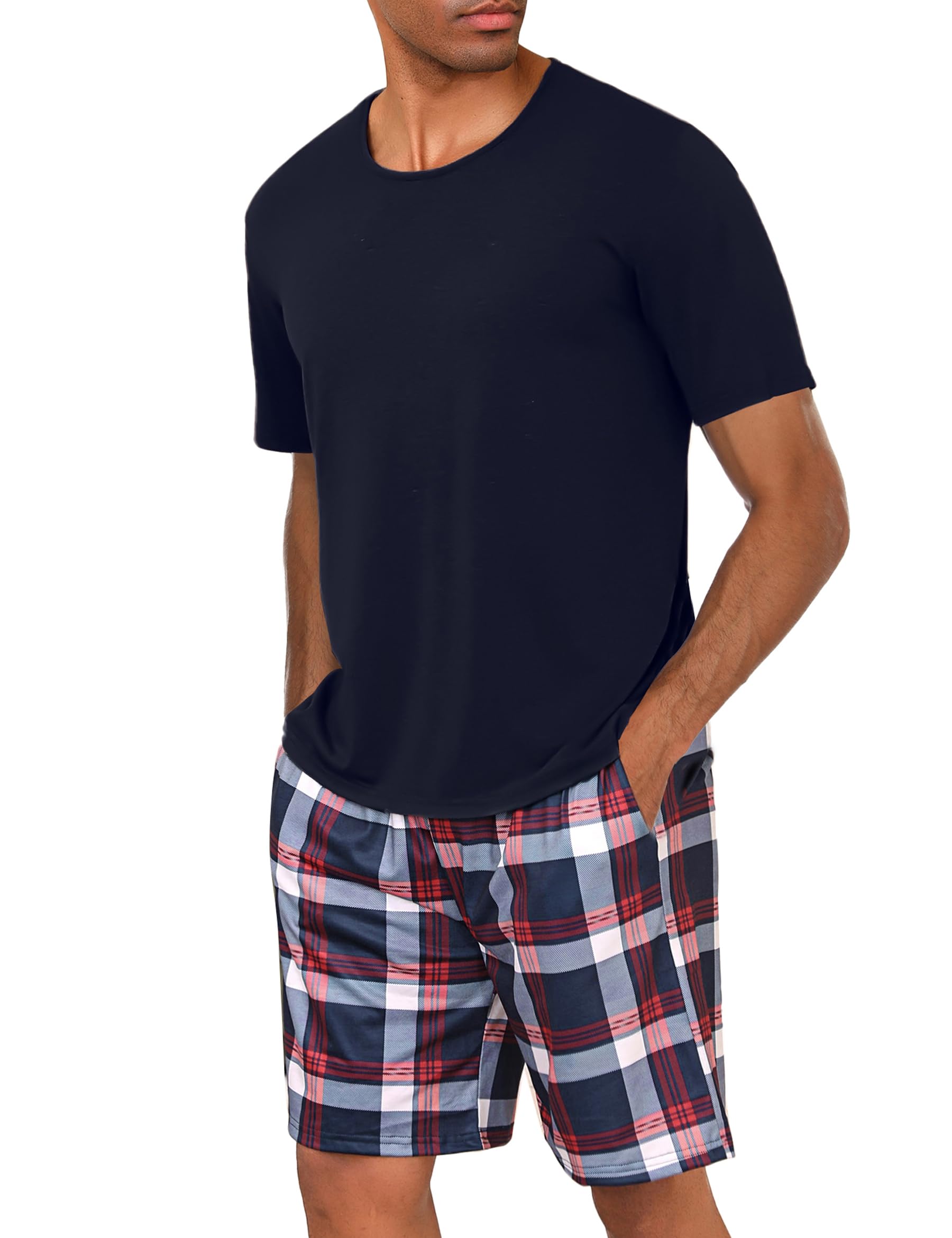 Uniexcosm Schlafanzug Herren Baumwolle Kurz Zweiteiliger Pyjama Set Nachtwäsche Kurzarm Oberteil und Karierte Schlafanzughose Hausanzug Sleepwear