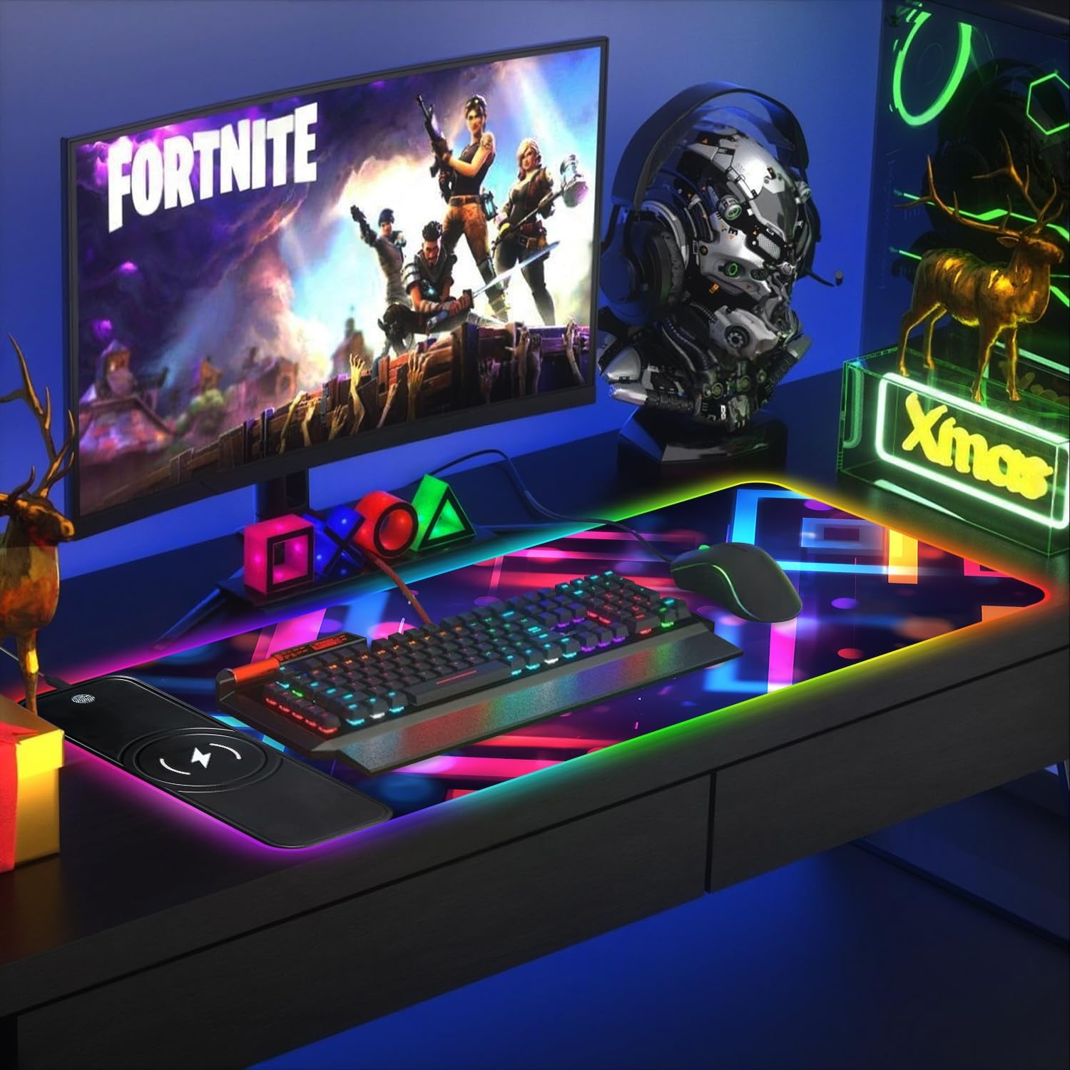 ANNA QUEEN XL Neon RGB Gaming Mouse Pad with 15W Wireless Charging, 4mm Thick Extended LED Desk Mat for PC Gaming, Keyboard & Mouse, Anti-Slip, Comfortable Wrist Support