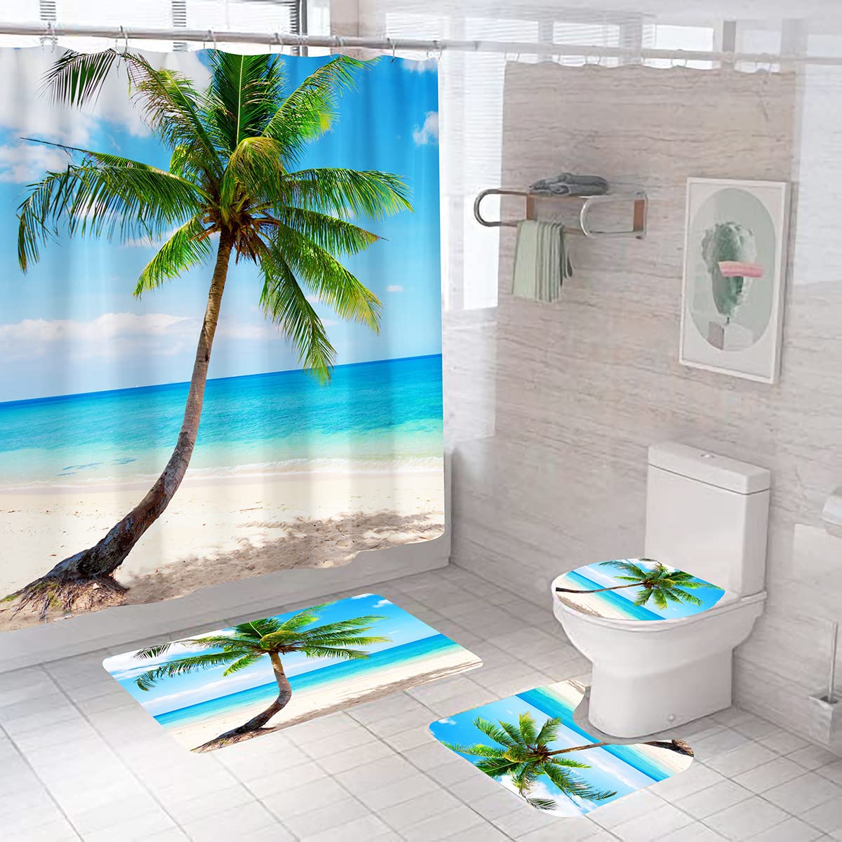 DDS-DUDES 4Pcs Beach Palm Tree Shower Curtain Set for Bathroom, Blue Ocean Shower Curtains with 12Hooks, Polyester Fabric Waterproof Curtains Decor 71