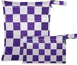 Amooorous Bolsas secas lavables con purpurina falsa, cuadradas, color blanco y morado, paquete de 2 artículos esenciales de viaje para volar con asas para pañales de bebé, viajes