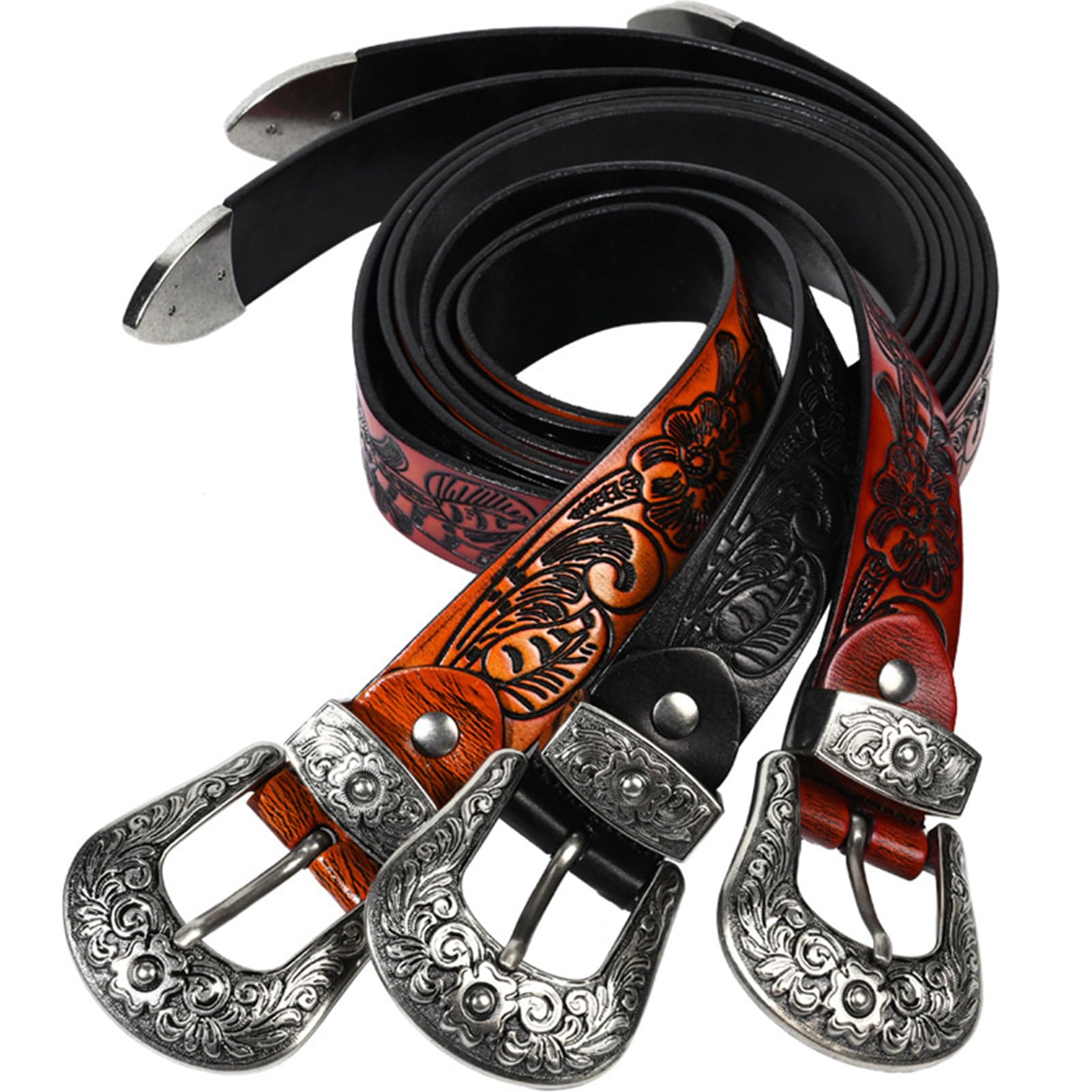ALANIZ Cintura squisita, cintura in pelle goffrata vintage da uomo e da donna con fibbia in argento incisa floreale occidentale, cinturino da cowboy country