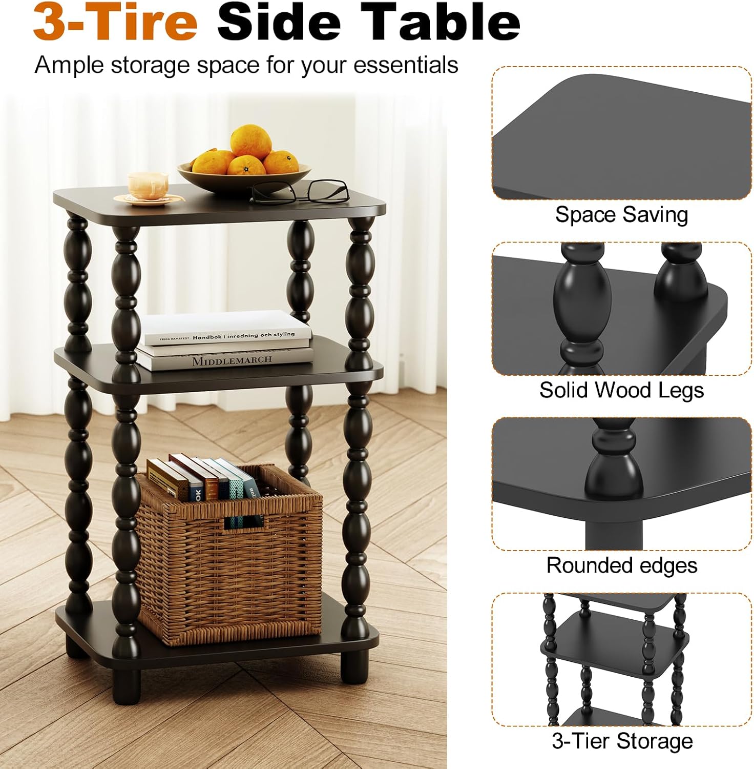 Side Table, Retro End Table with 3 Tier Shelf, Small Couch Side Table for Living Room, Vintage Farmhouse End Table, Bedroom Skinny Bedside Table Nightstand(Black)