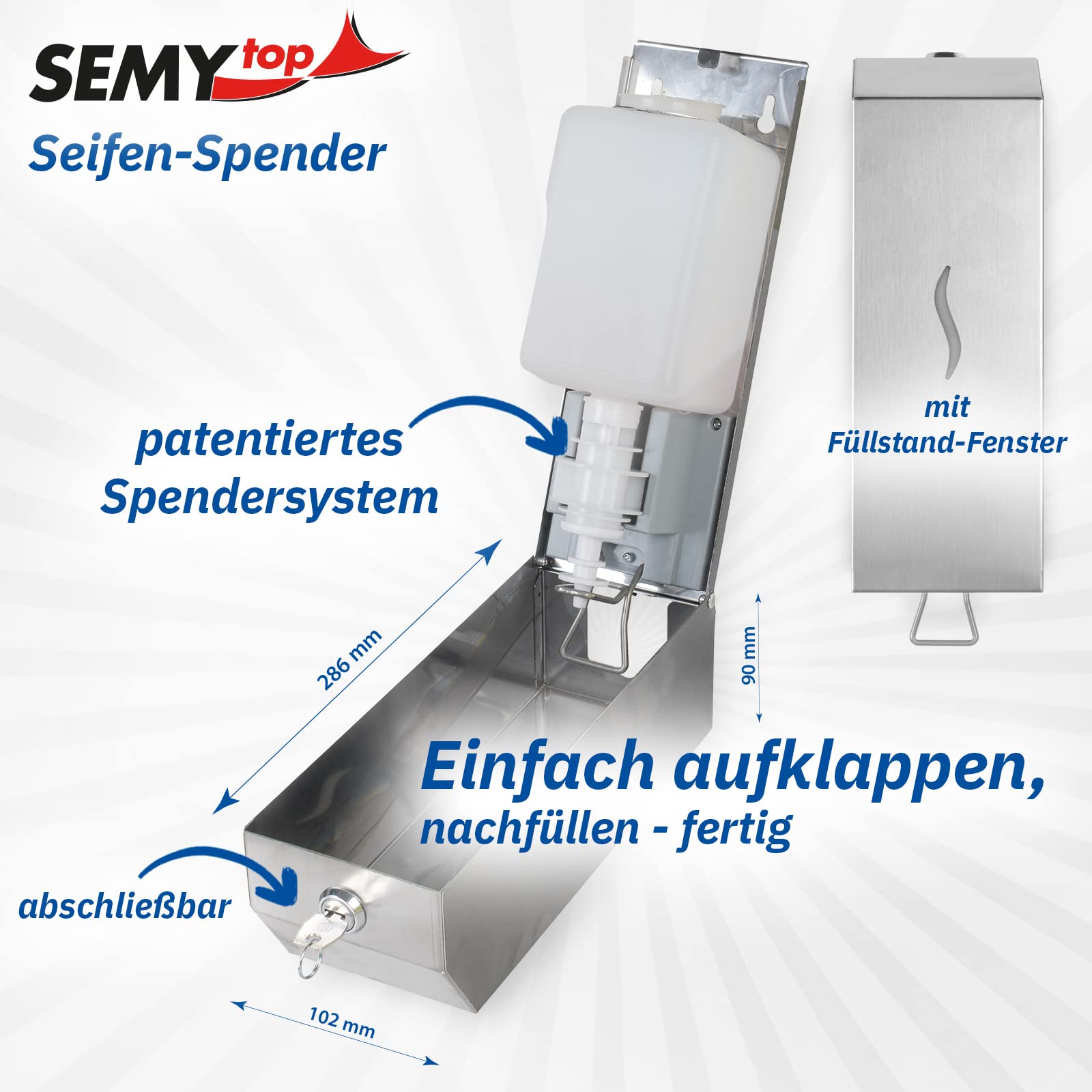 SemyTop Dispenser di sapone in acciaio inox, 1000 ml, robusto e stabile, 102 x 286 x 90 mm, supporto ricaricabile di alta qualità, montaggio a parete