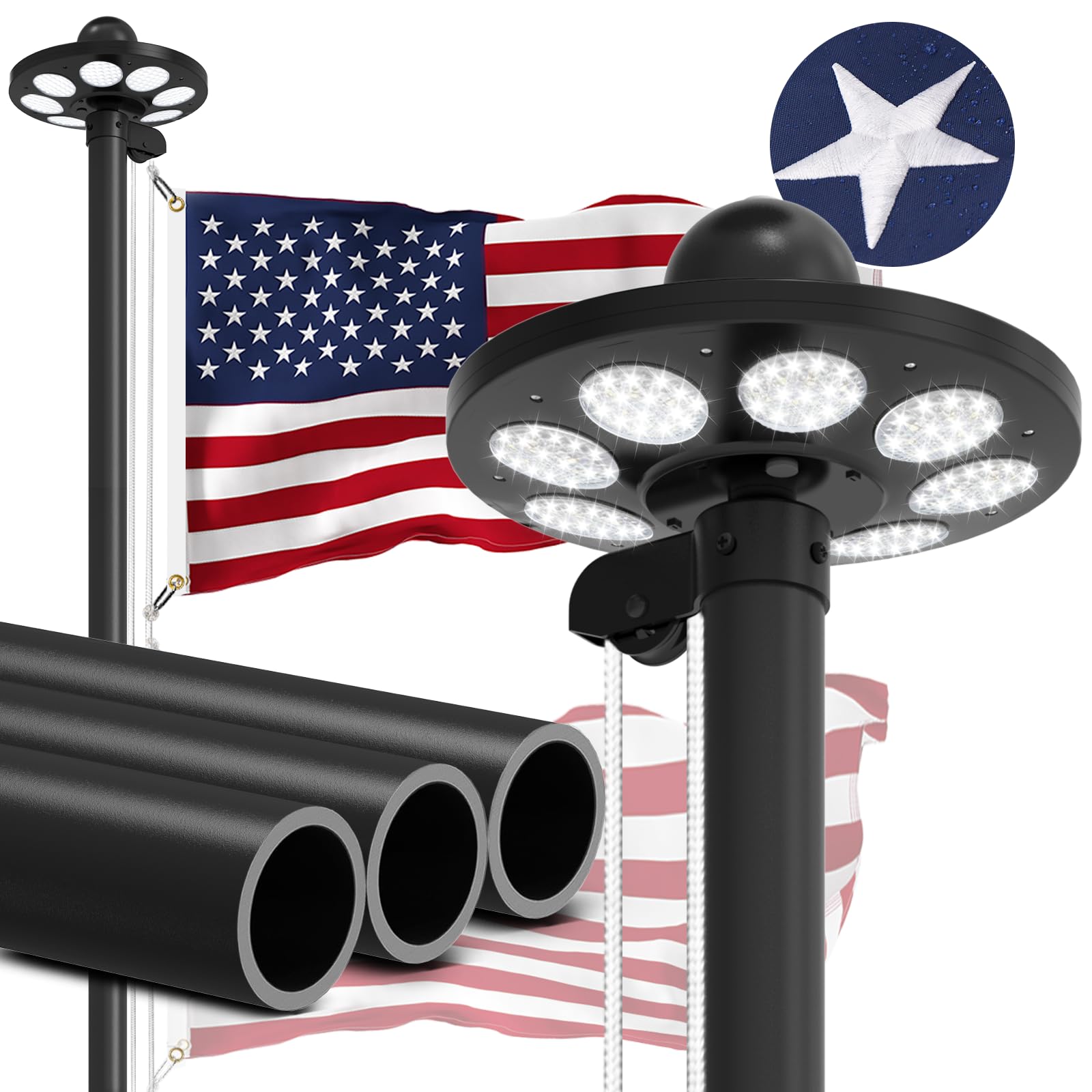 Kit de mástil de bandera resistente de calibre 11 con luz solar ultra brillante de 136 LED, mástil de bandera de 2.3 mm de grosor de 20 pies para casa exterior en el suelo, bandera de Estados
