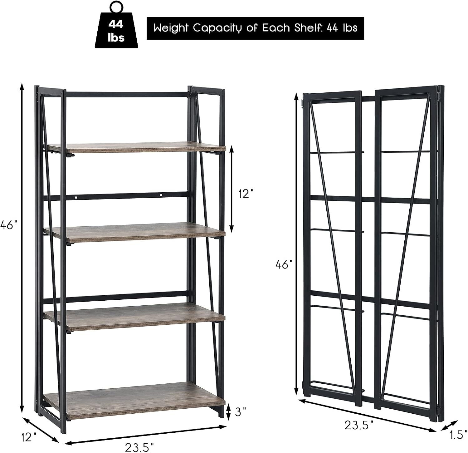 Giantex 4-Tier Bookshelf, No-Assembly Folding Industrial Storage Shelves w/Anti-Tipping Wall Bolt, Large Storage Space Display Rack and Freestanding Storage Organizer