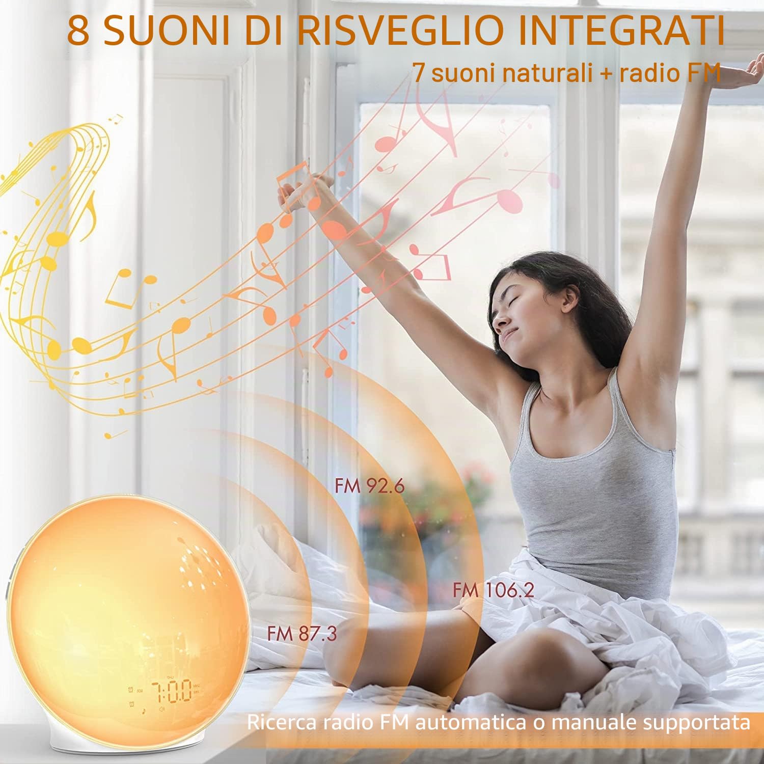 Sveglia Luce Wake-up Light con Simulazione Alba/Tramonto Orologio Digitale Luce Notturna con 7 Colori Regolabili Alarm Clock con Radio FM & 8 Suoni Naturali per Bambini Adulti