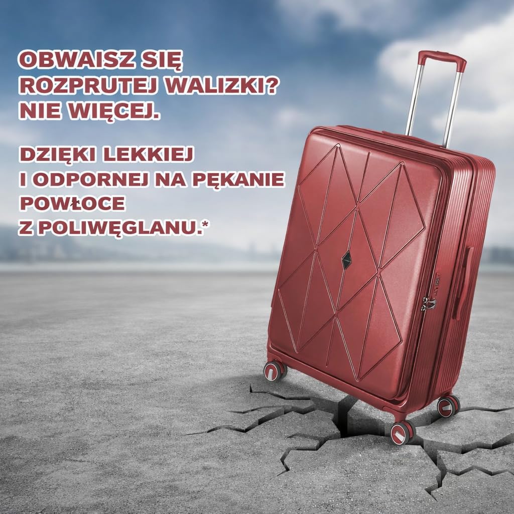 Zestaw 3 walizek z twardego poliwęglanu, specjalny system otwierania z przodu z przegródką organizera, możliwość rozszerzenia, 51 61 71 cm, zamek szyfrowy TSA, podwójne kółka 360 stopni