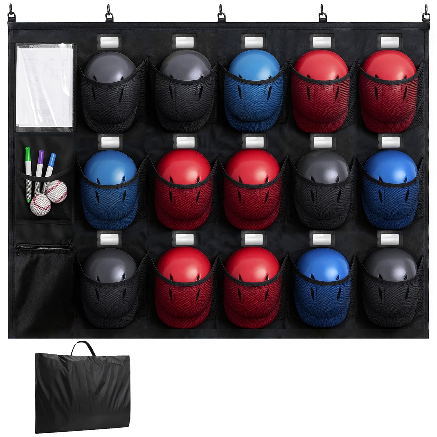 Bolsa colgante para casco para equipo de béisbol y sóftbol, organizador de almacenamiento de equipo de béisbol para 15 jugadores, incluyendo cascos, guantes de bateo, pelotas con tarjetas de nombre,