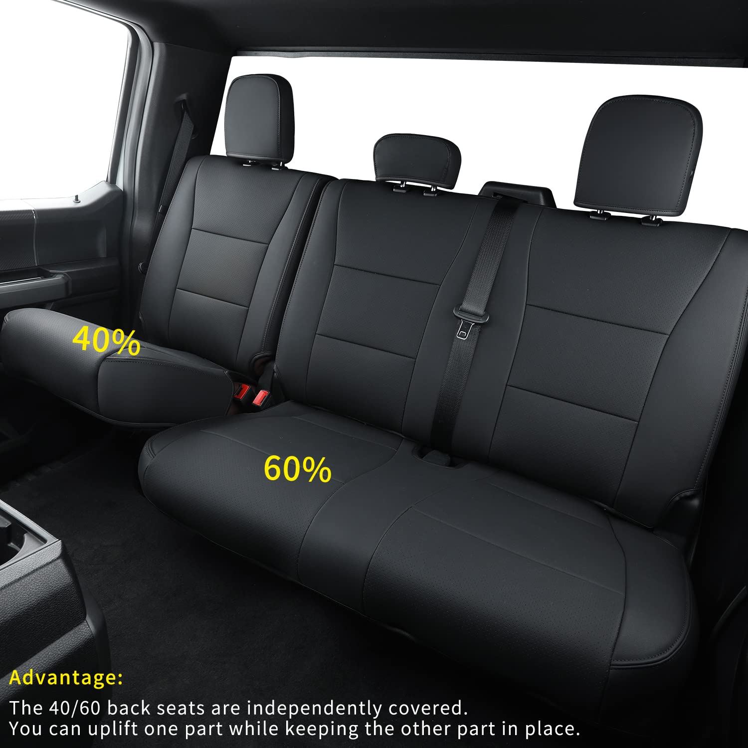 Covertopia F150 Faux Leather Seat Covers, Custom fit 2015-2024 Ford F150 SuperCrew, and 2017-2024 F250 F350 F450 Super Duty Crew Cab(Rear Set, Black Rear)
