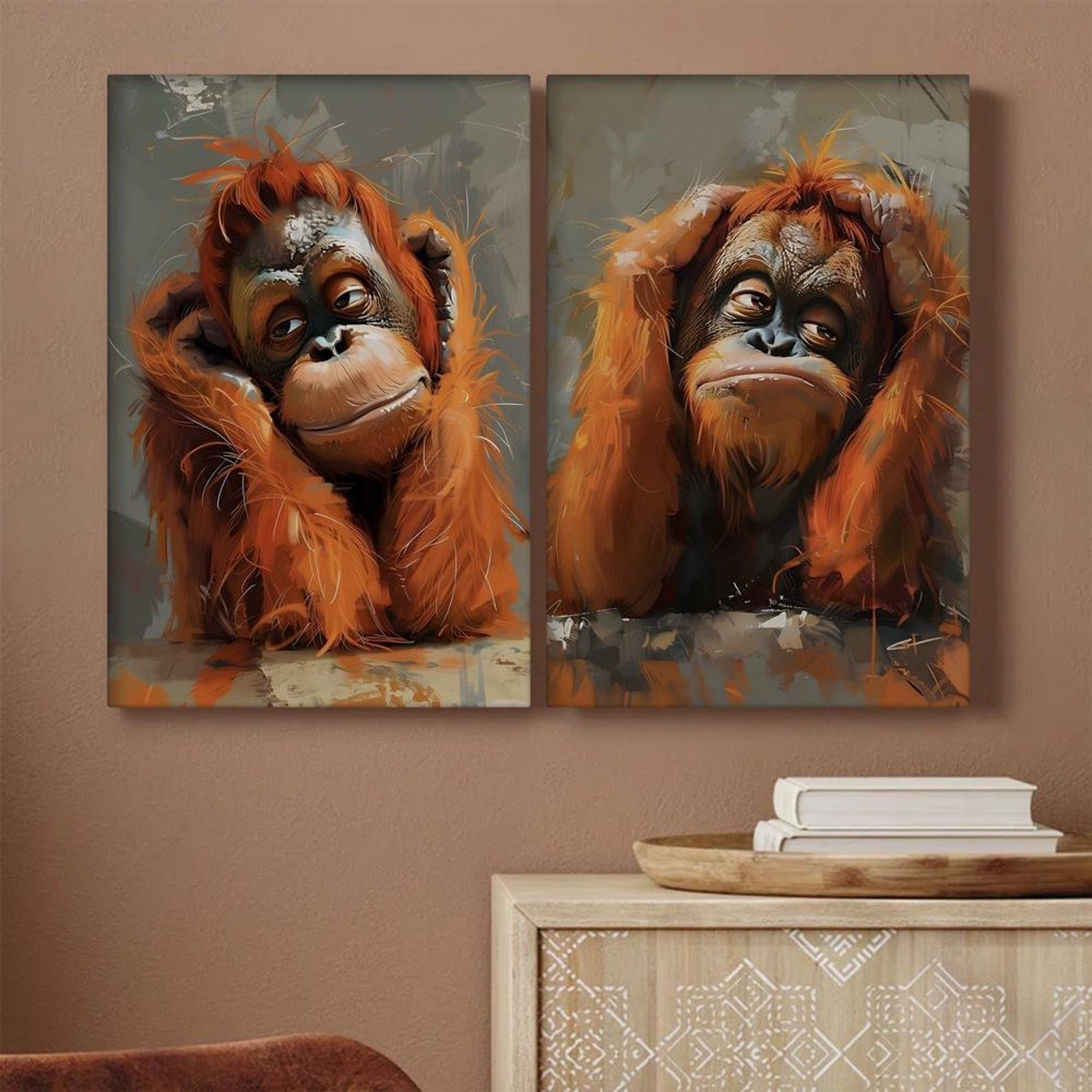 TONGYINLI Zabawny obraz orangutan, abstrakcyjny wydruk na płótnie zestaw plakatów: humorystyczny obraz ścienny ze zwierzęciem do pokoju dziecięcego dekoracja ścienna do domu (70 x 90 cm x 2/rama