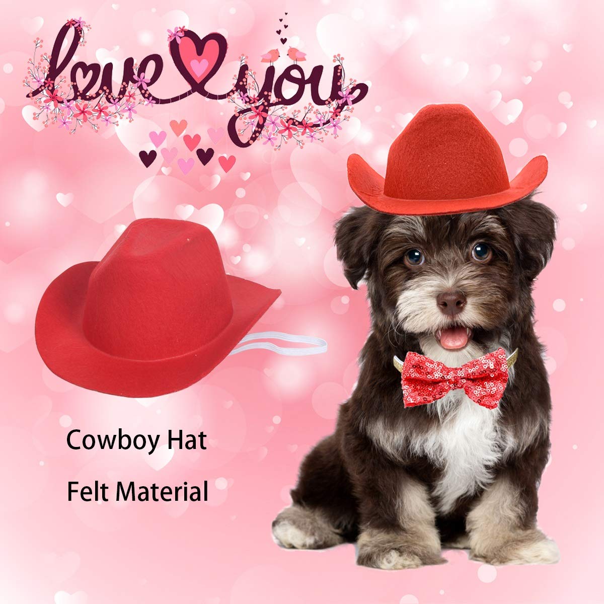 Vehomy Valentine's Day Dog Cat Cowboy Hat and Bow tie Collar Pet Cowboy Costume for Dogs and Kittens Set of 2Pcs