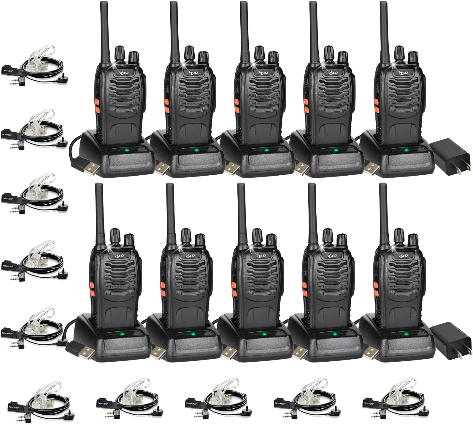 TIDRADIO 5.5-Mile Long Range Walkie Talkies with Upgrade Acoustic Earpiece | TD-V2 Rechargeable Portable FRS Two Way Radio, Frequency Copy, 16CH, Flashlight, VOX, for Industrial Security School(10Pack)