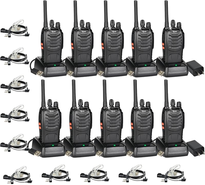 TIDRADIO 5.5-Mile Long Range Walkie Talkies with Upgrade Acoustic Earpiece | TD-V2 Rechargeable Portable FRS Two Way Radio, Frequency Copy, 16CH, Flashlight, VOX, for Industrial Security School(10Pack)