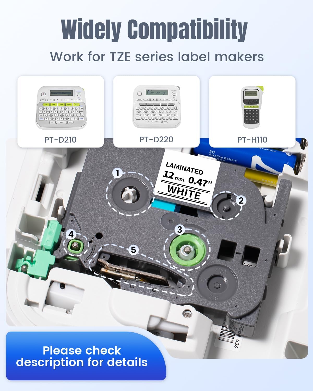 TZe 12mm 0.47 Laminated White Tape Compatible with Brother P Touch Label Maker Tape TZe-231 TZ231 TZ-231 for PT-D200 PT-D210 H110 D410 1180 2030 2040 Refills ½”(0.47”) x 26.2 ft. (8m), 6-Pack