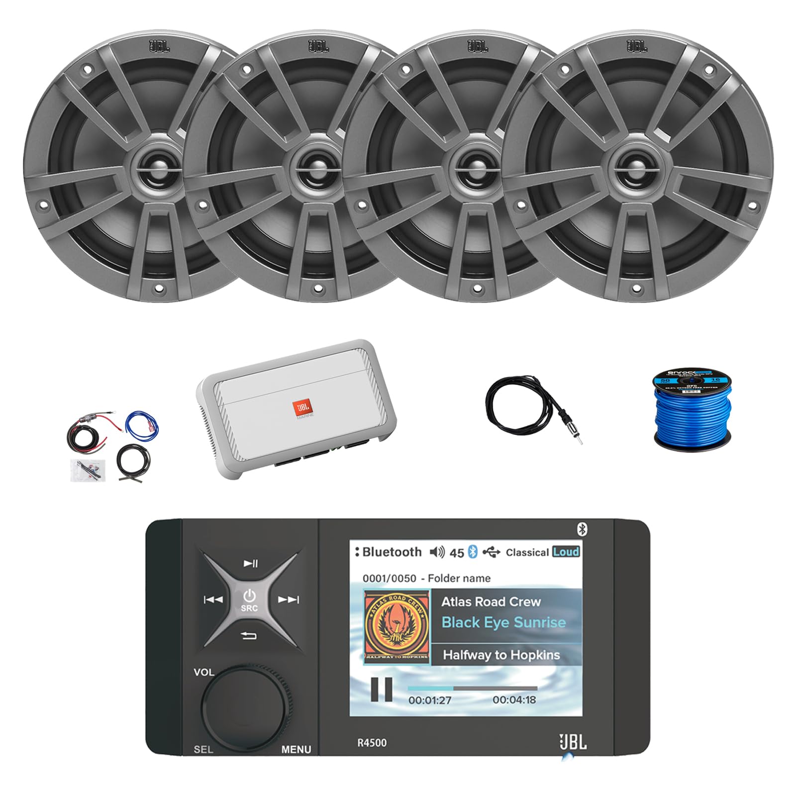 Marine Bluetooth AM/FM/WeatherBand Radio Receiver, 4X 6.5 180 Watt 2-Way Multi-Element Audio Speakers (Gray), Wire, Antenna, 4-Channel Amplifier w/Kit