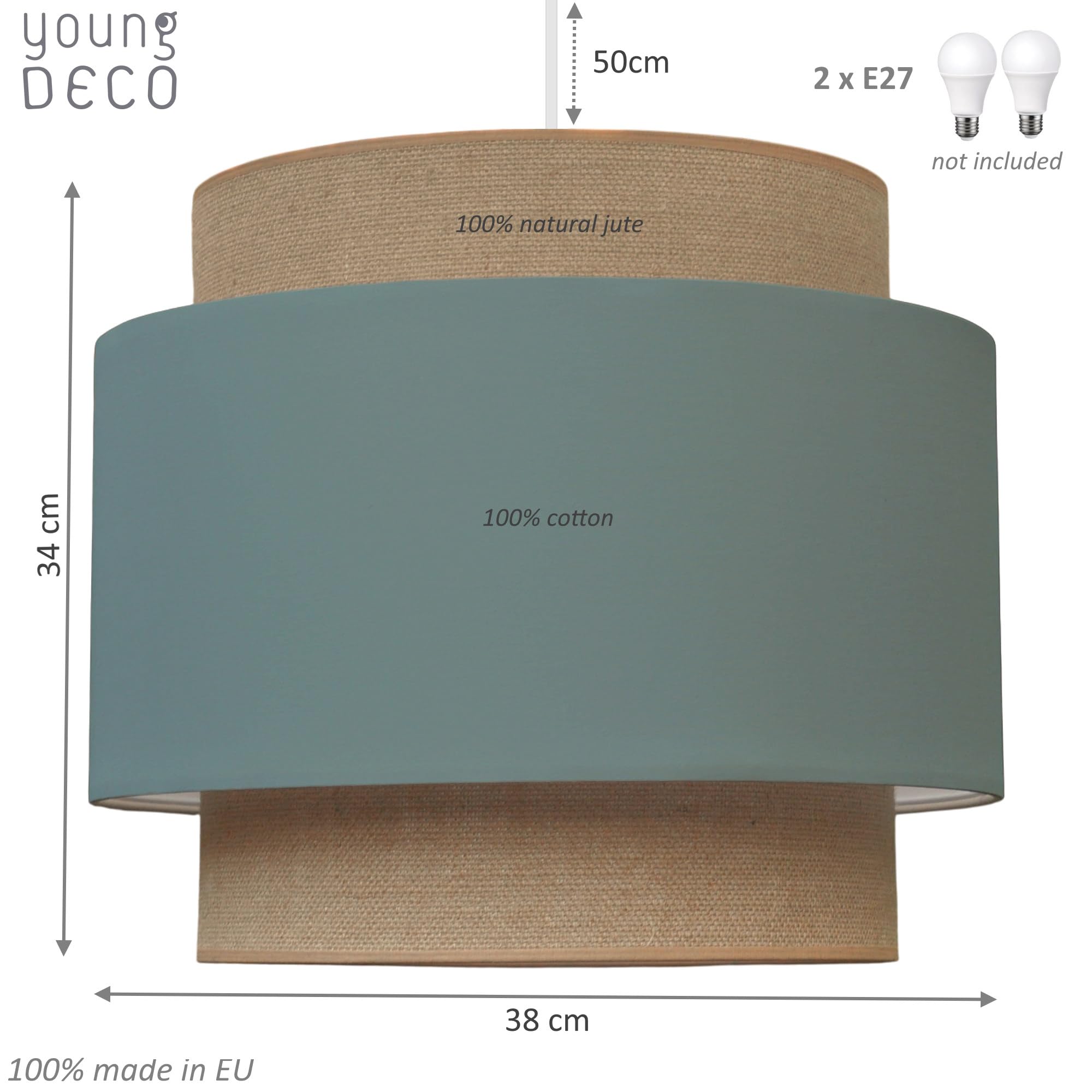 Paralume Lampadario a Sospensione Ø38 cm - Lampada a Sospensione 2xE27 - Abat Jour in Tessuto - Lampadari Camera da Letto, Soggiorno e Bambini Cameretta. Prodotto nell'UE