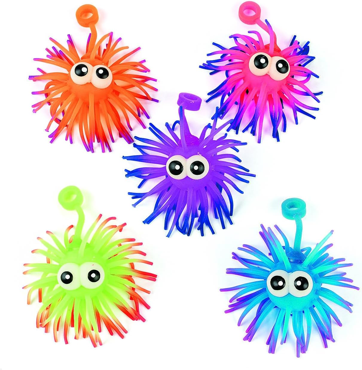 Fun Express Two-Tone Squishy Spike Ball YoYos – 3.5 Inch Vinyl Puffer Balls with Crazy Eyes & Stretchy Cord – Sensory Toys for Birthday Party Favors, Carnival Prizes, Goodie Bags & Classroom Rewards