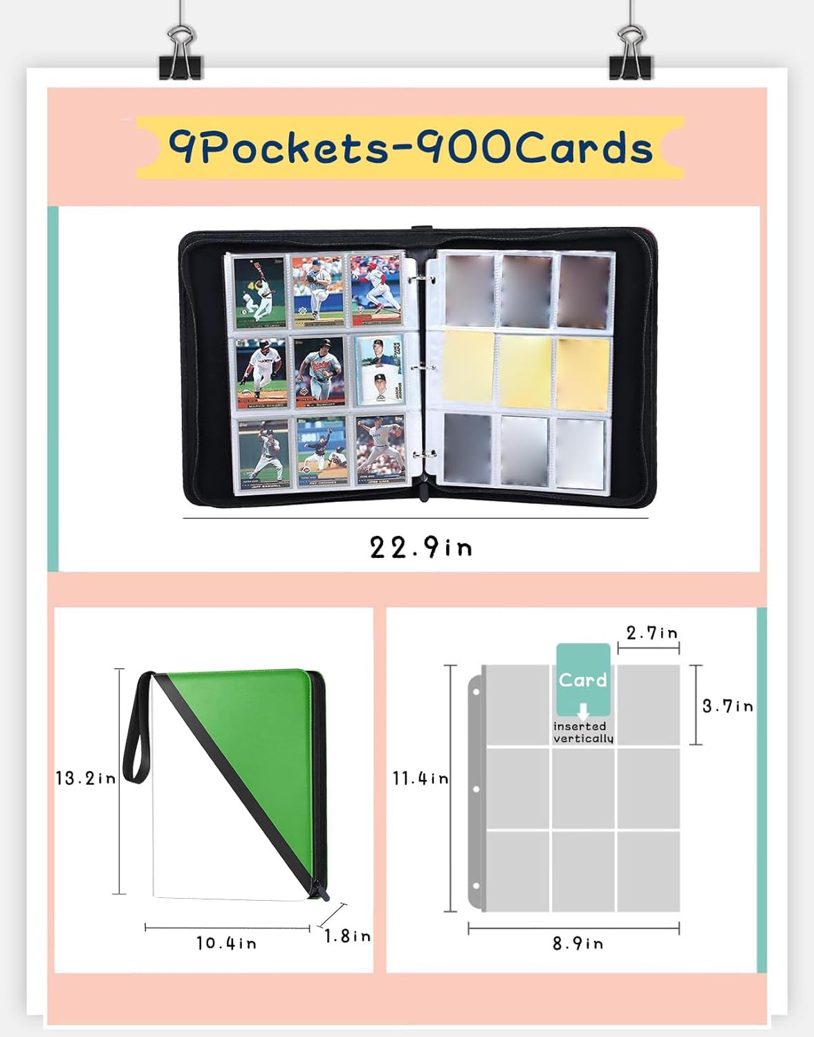 Card Binder with 9 Pockets - Holds Up to 900 Cards, Trading Card Collection Case Book Case Book (Green, 9 Pockets/900 Cards)