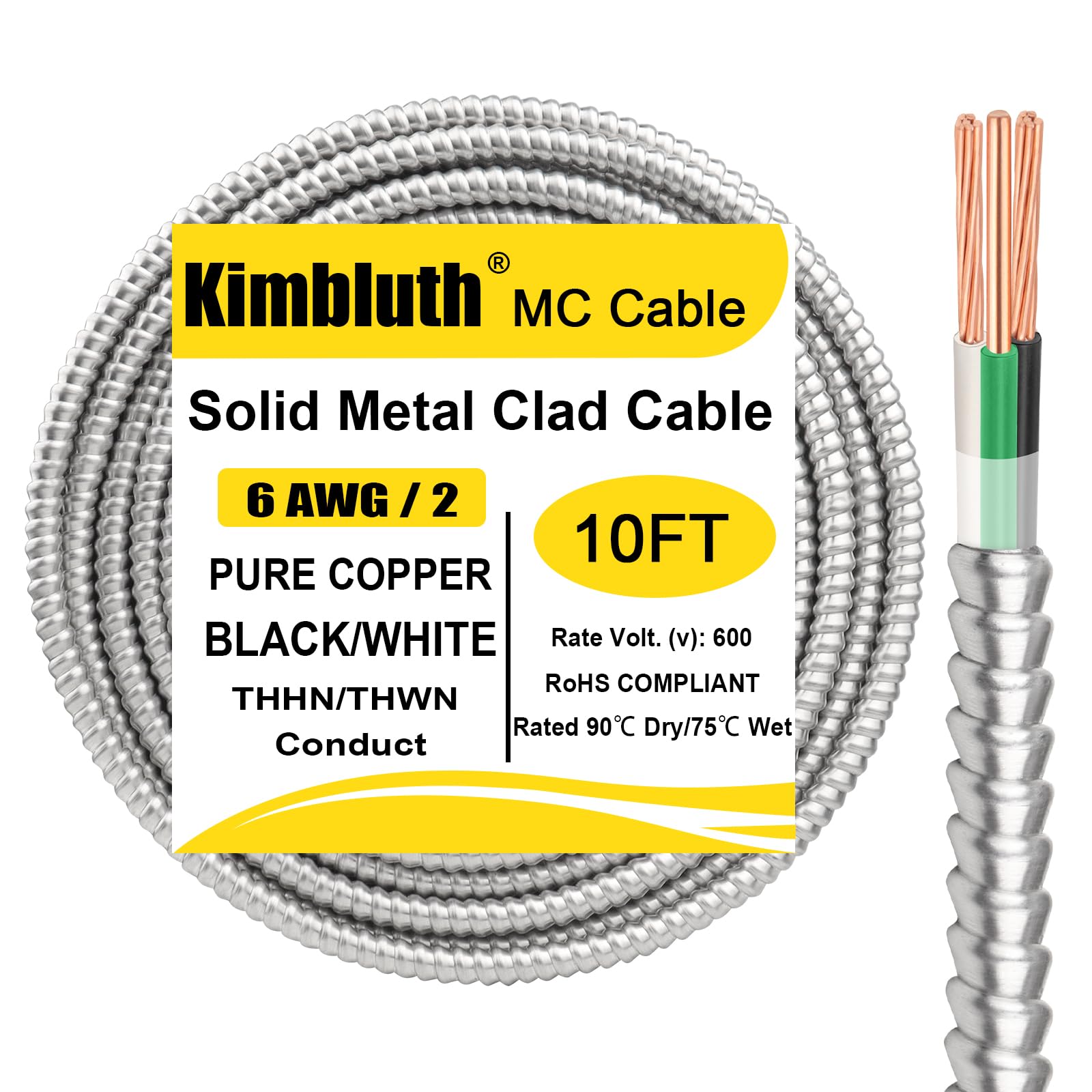 Câble électrique 6/2 plaqué métal (MC) avec mise à la terre de 3 m, fil électrique de calibre 6 avec armure en aluminium, conducteurs en cuivre nu solide pour installation souterraine intérieure ou