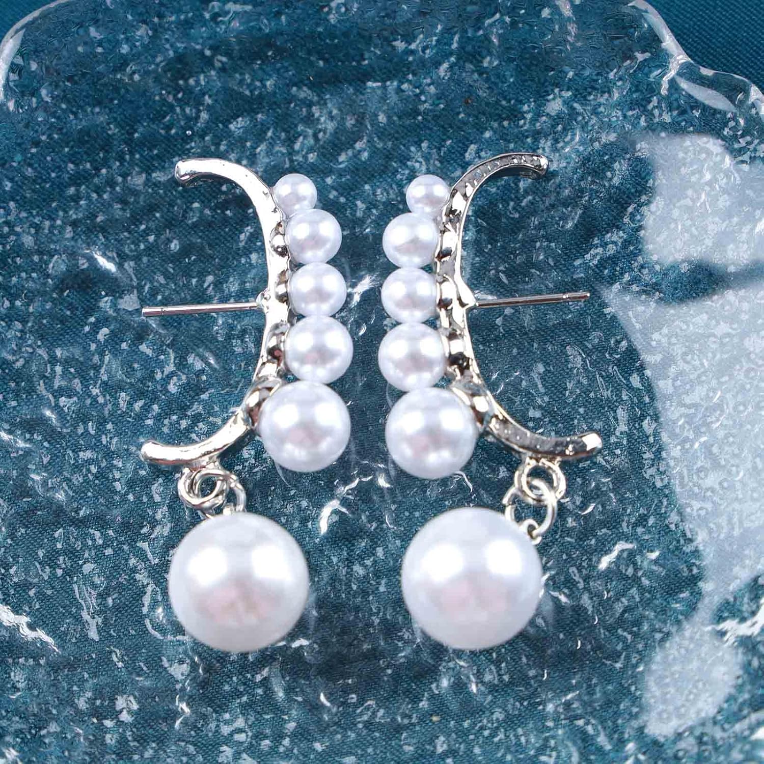 Bohemia Pearl Drop Stud Earrings Silver Beaded Pearls Dangle Earrings White Pearls Earrings Wedding Pearl Stud Earrings Jewelry for Women - Image 4