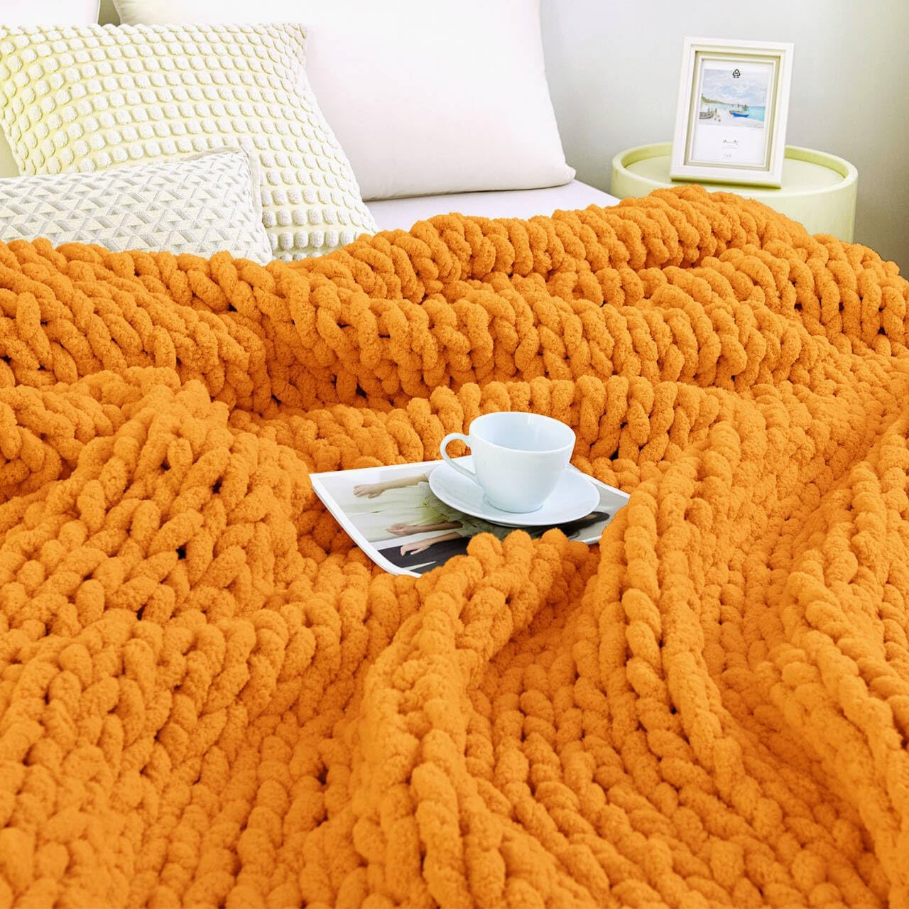 Admitrack Chunky Knit Blanket Throw, 100% Hand Knit Chenille Throw Blanket for Sofa & Home Decor, Soft and Cozy Knitted Throw Blankets (Orange, 51"x63") - Image 3