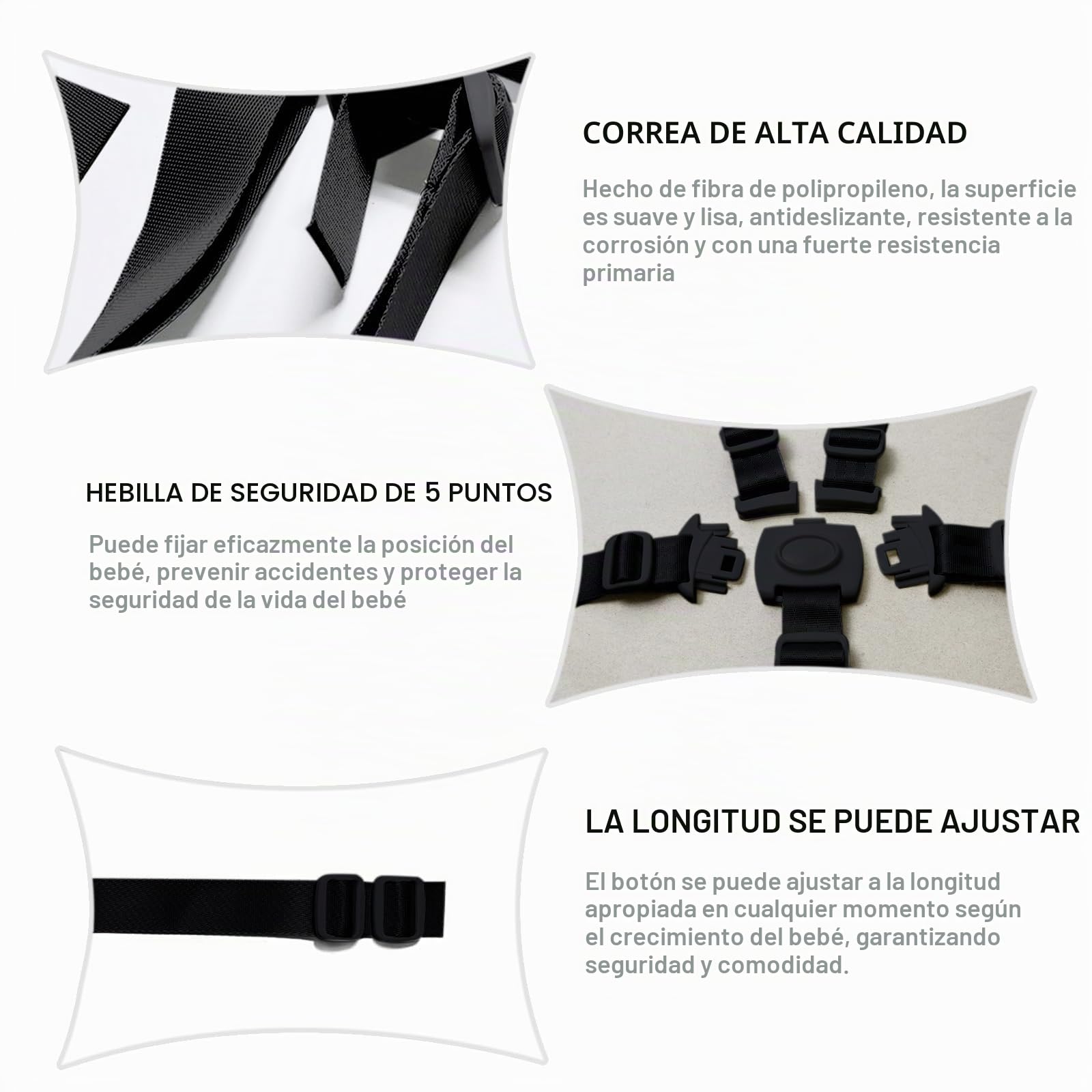 Cinturón de seguridad de 5 puntos, cinturones de seguridad de repuesto para cochecito de bebé, trona ajustable, cinturones de seguridad para silla de paseo y trona (negro)