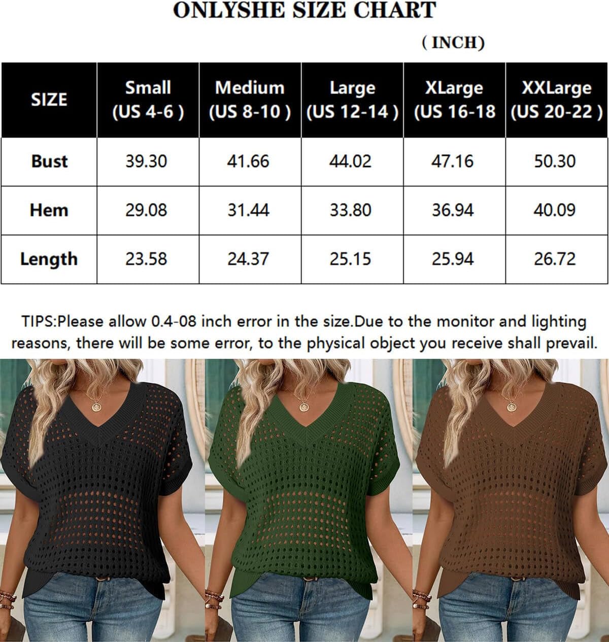 ONLYSHE Womens Summer Short Sleeve Shirts V Neck Crochet Knit Sweater Hollow Out Striped Tops Vacation Cover Ups Outfits - Image 6
