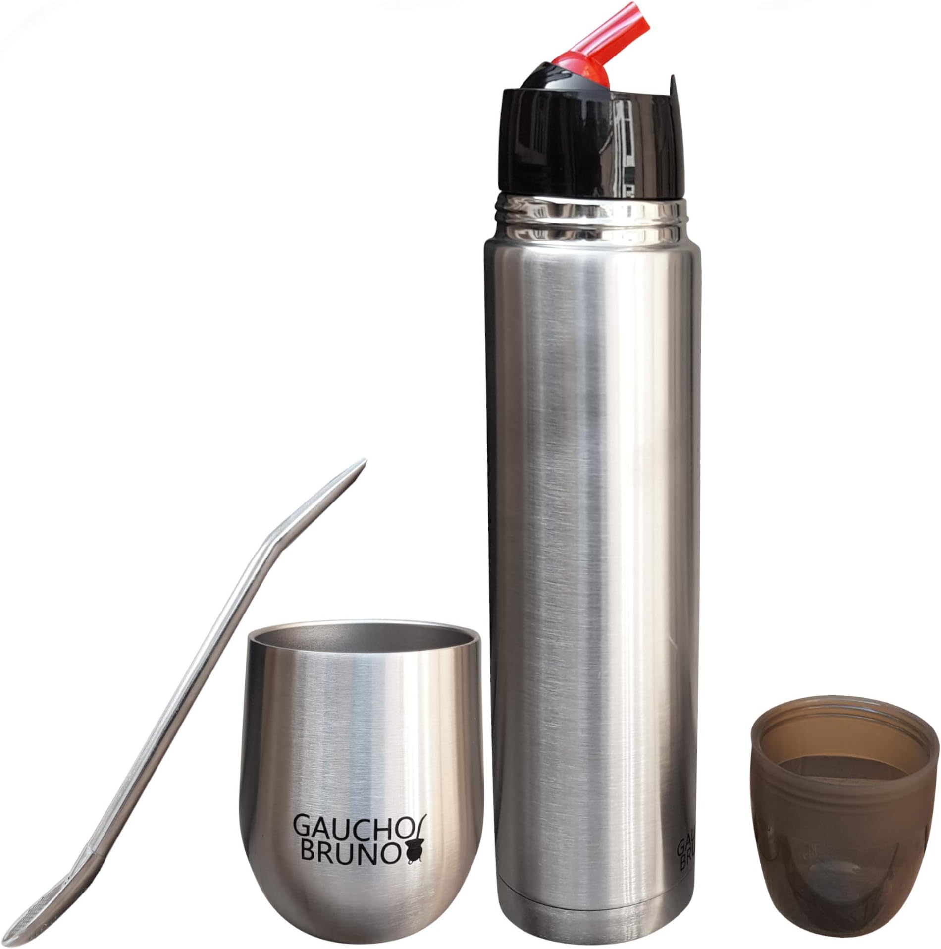 Gaucho Bruno - Yerba Mate Starter Kit | with Thermal Stainless Steel Mate Cup, Bombilla and Stainless Steel Flask| Easy to Clean | Comfortable to Hold | Brushed and Polished | Keeps Warm for Longer.