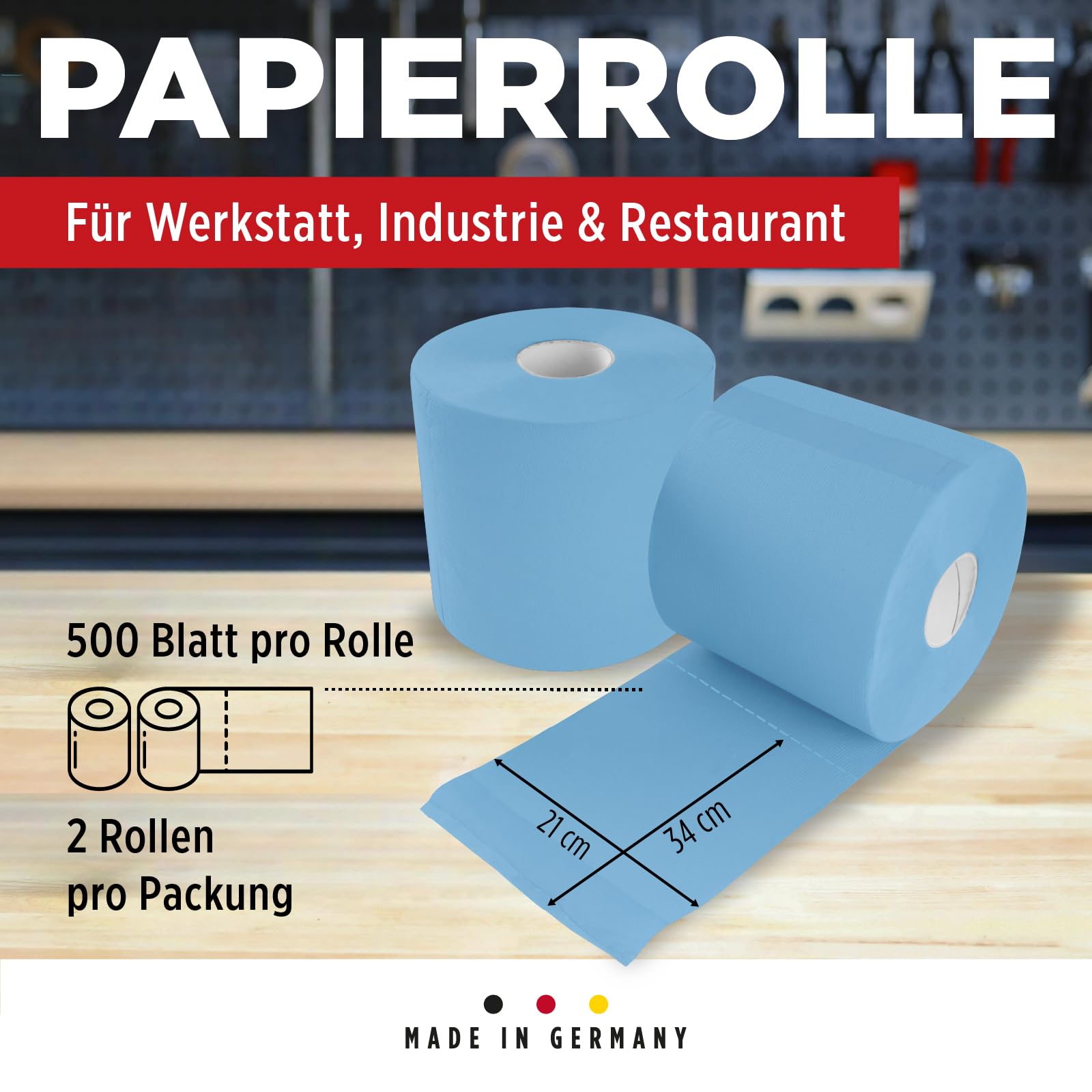 TECPO Rotolo di carta da 6000 fogli, 21 x 34 cm, perforato a 2 strati, rotolo di panno riciclato blu, per pulizia assorbente, adatto per industria, officina, ristorante e commerciale (12 x 500 fogli)
