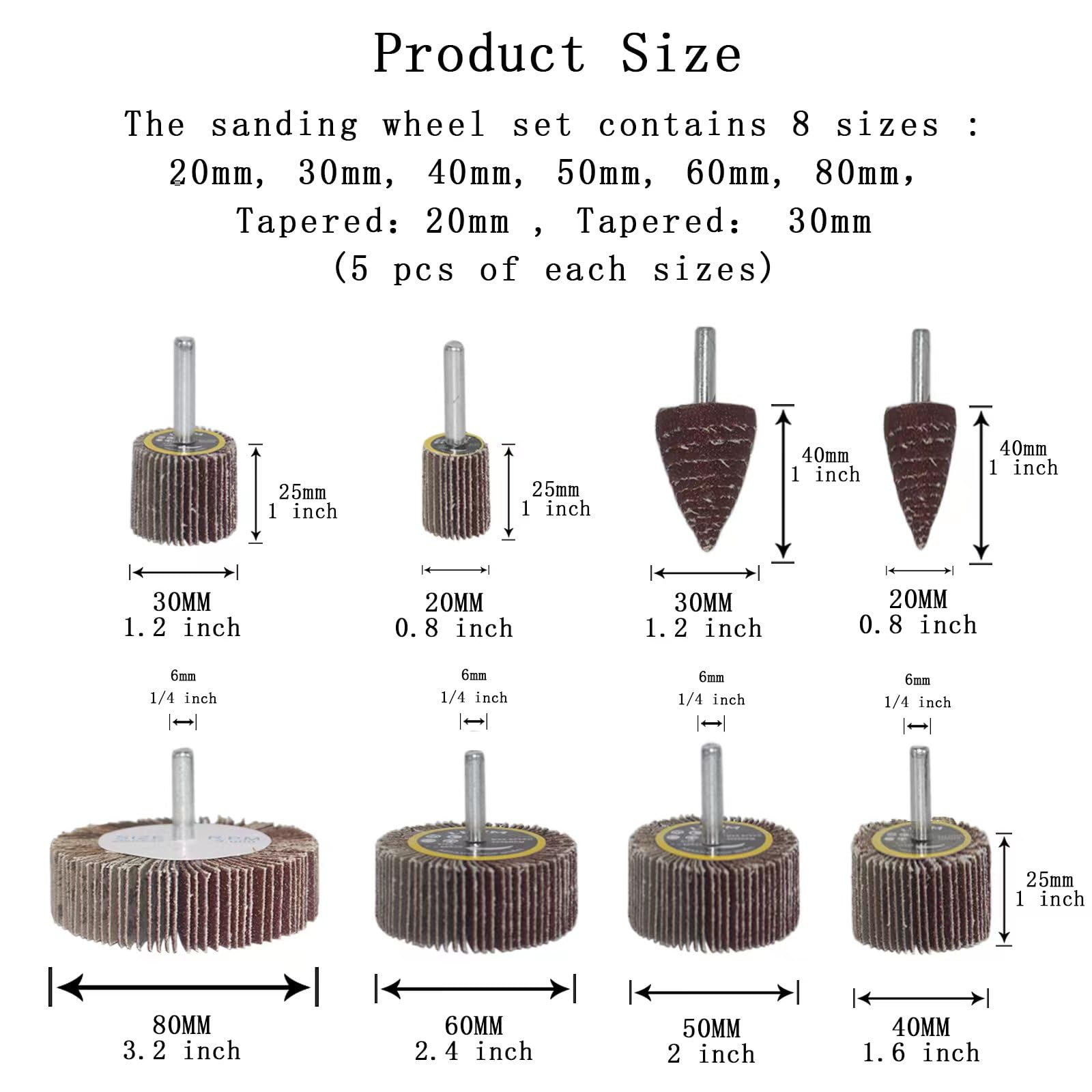 Cheerwe 40 Pack Abrasive Flap Wheel Sander, 80 Grit 1/4 Inch Shank Mounted Sanding Wheel for Drill, Aluminum Oxide Flap Sanding and Cone Shape Sandpaper Wheels for Grinding and Polishing, 8 Sizes